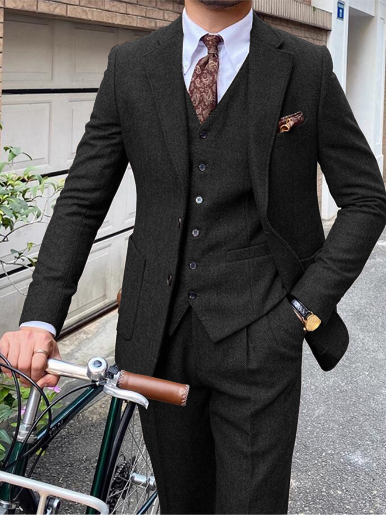 ANSHUHAI Men 3Pcs Suit Tweed Herringbone Wedding Formal Suit Blazer+Vest+pants