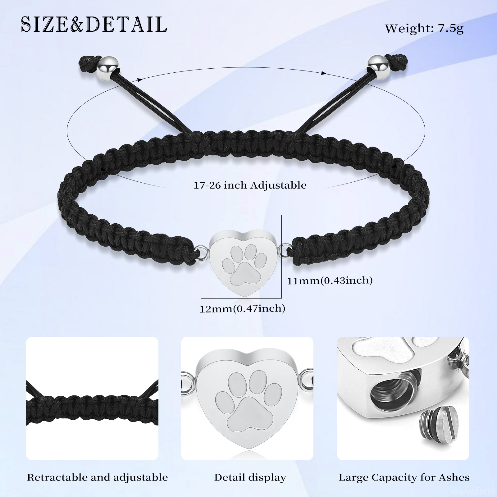 Heart Cremation Urn Bracelet for Ashes - Paw Print Braided Wristband Urn Bangle