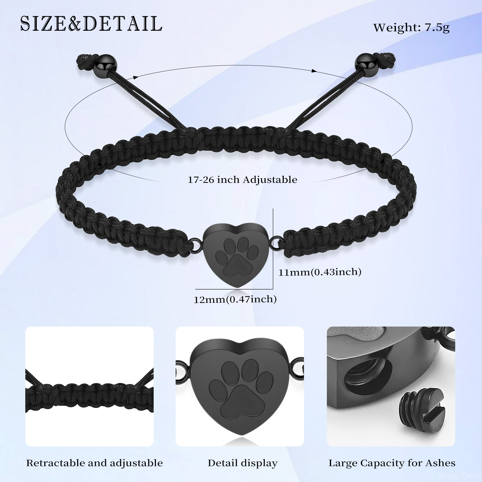 Heart Cremation Urn Bracelet for Ashes - Paw Print Braided Wristband Urn Bangle