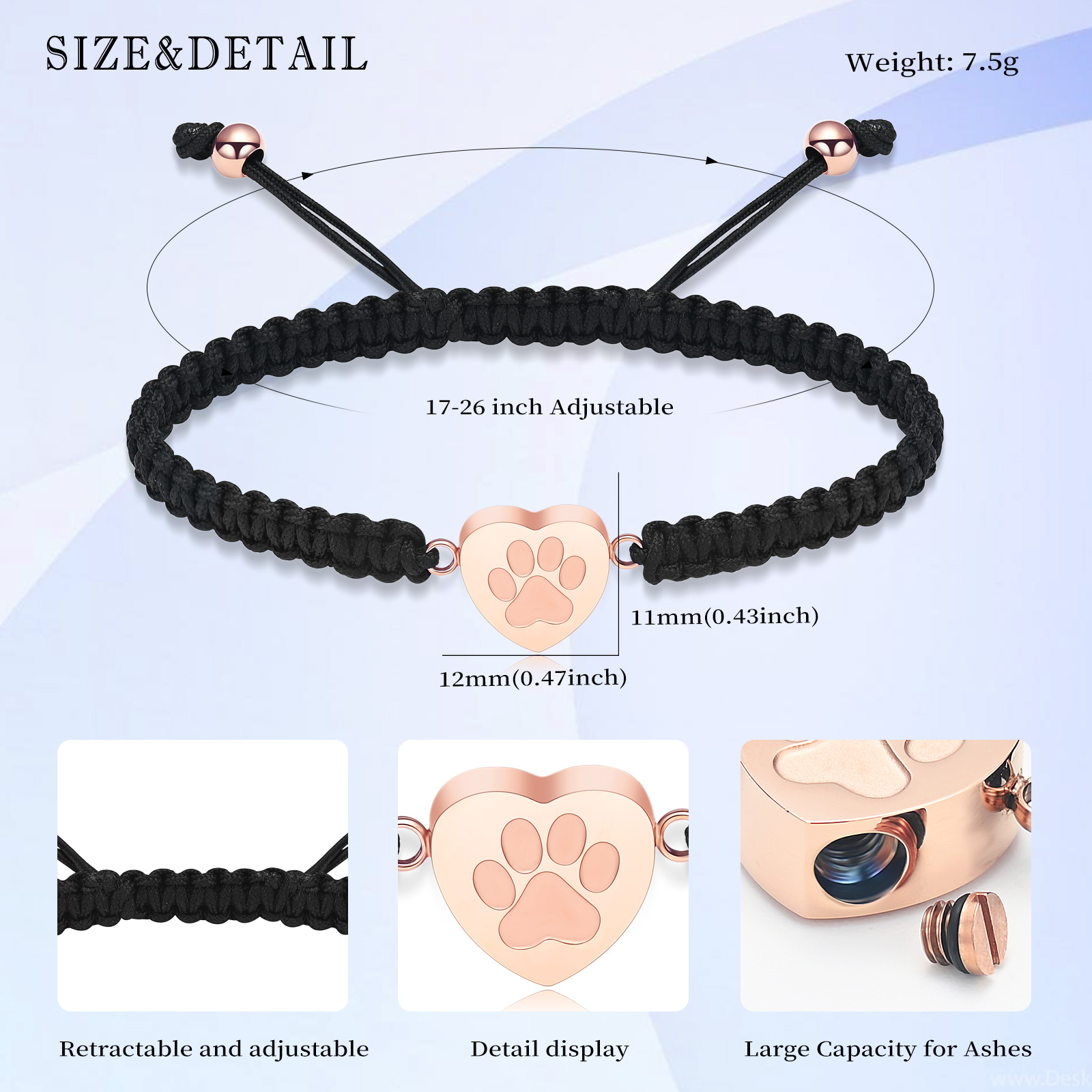 Heart Cremation Urn Bracelet for Ashes - Paw Print Braided Wristband Urn Bangle