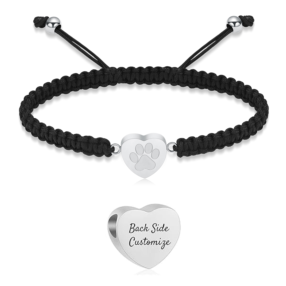 Heart Cremation Urn Bracelet for Ashes - Paw Print Braided Wristband Urn Bangle