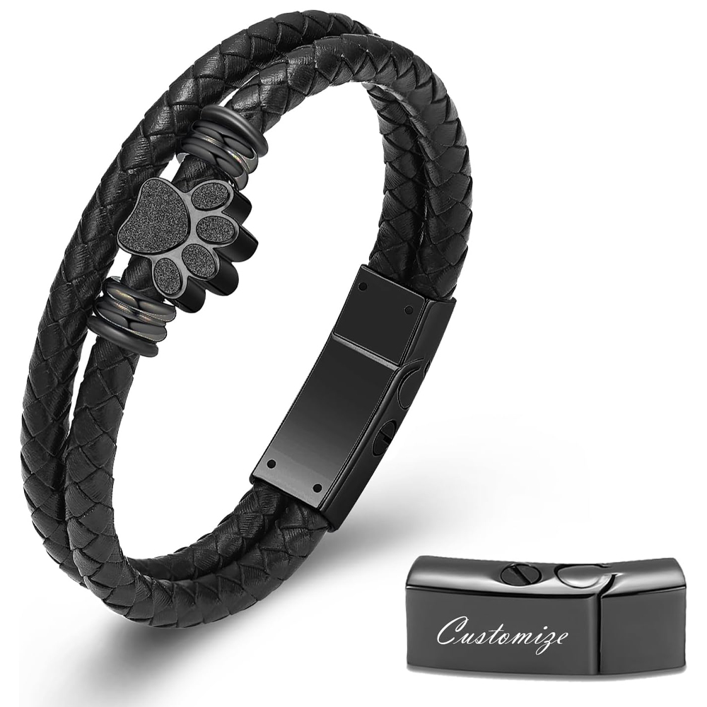 Dog Paw Cremation Bracelet - Braided Leather Urn Jewelry For Pet Ashes Keepsake Memorial