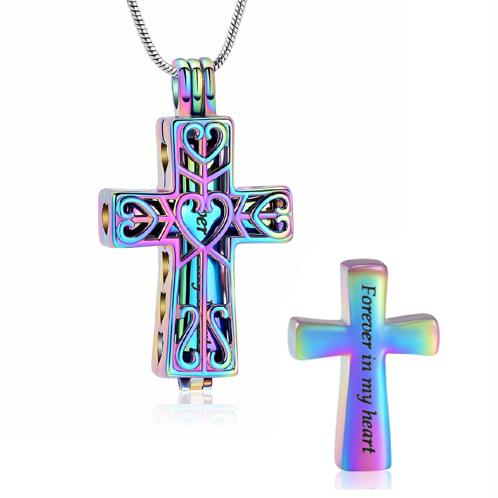 Heart Pattern Cut out Cross Pendant with Small Urn Necklace Memorial Jewellery - Picture 3 of 9