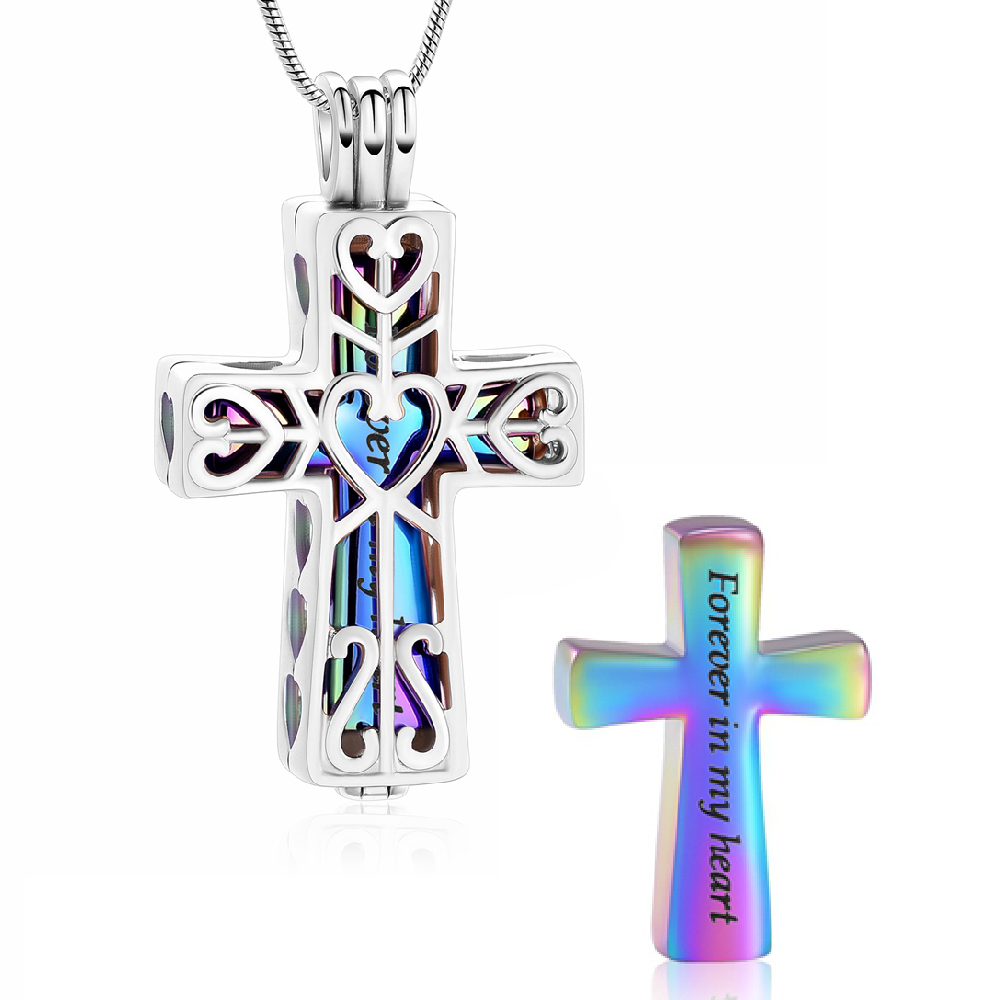 Heart Pattern Cut out Cross Pendant with Small Urn Necklace Memorial Jewellery - Picture 4 of 9