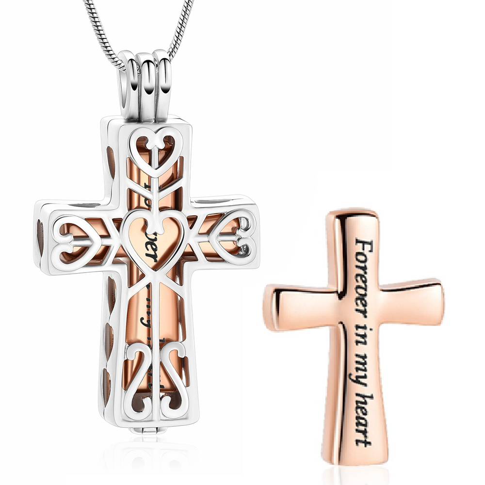Heart Pattern Cut out Cross Pendant with Small Urn Necklace Memorial Jewellery - Picture 5 of 9