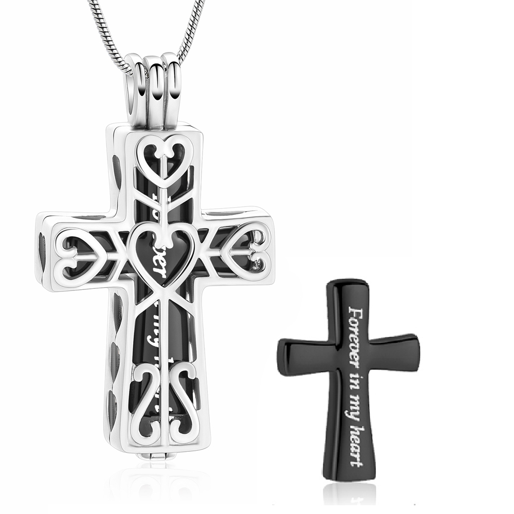 Heart Pattern Cut out Cross Pendant with Small Urn Necklace Memorial Jewellery - Picture 6 of 9
