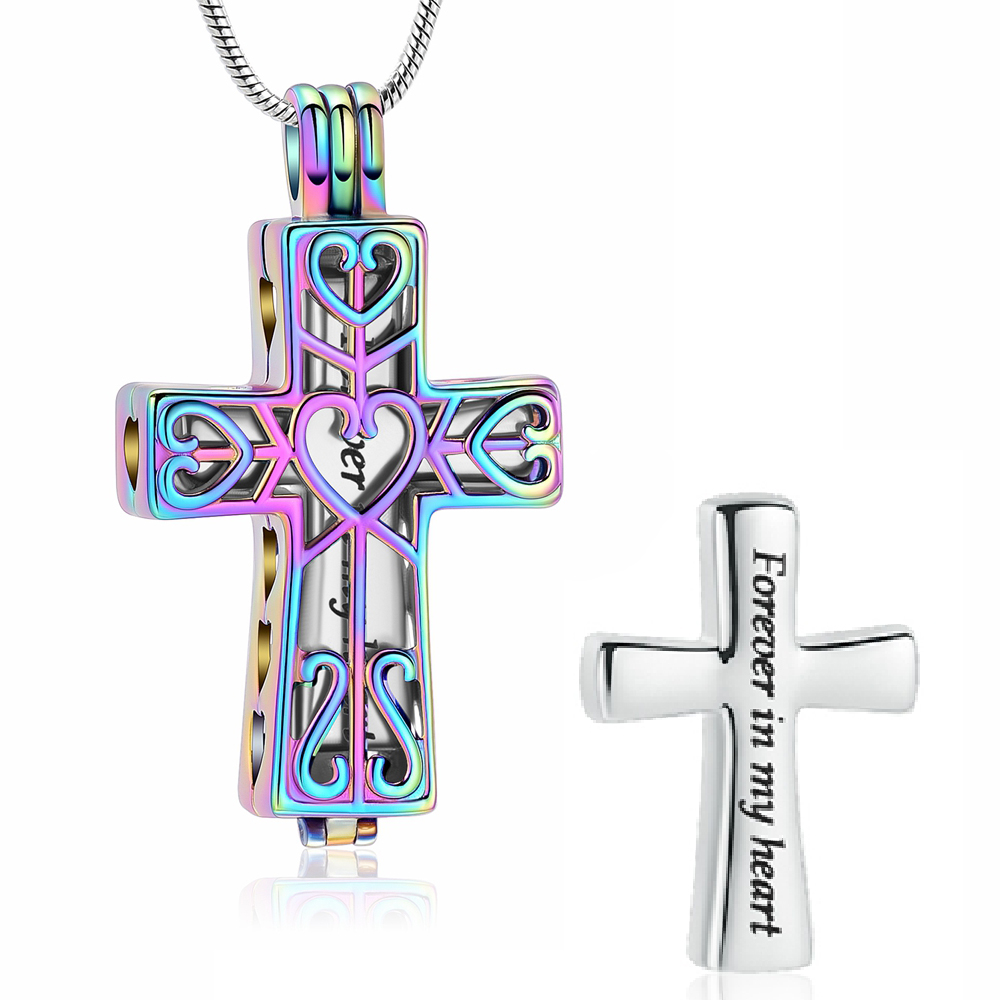 Heart Pattern Cut out Cross Pendant with Small Urn Necklace Memorial Jewellery - Picture 9 of 9