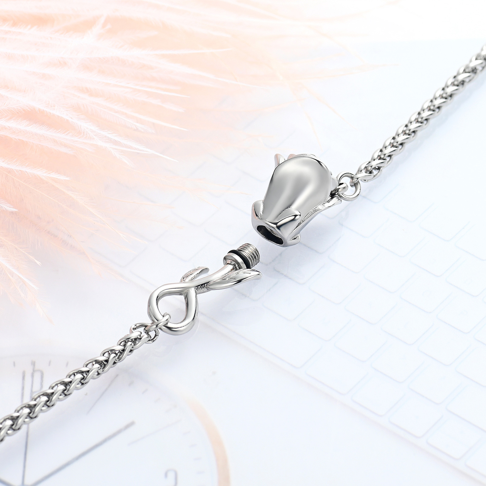 Rose Flower Urn Bracelet for Ashes for Women Stainless Steel Cremation Keepsake - Picture 17 of 53