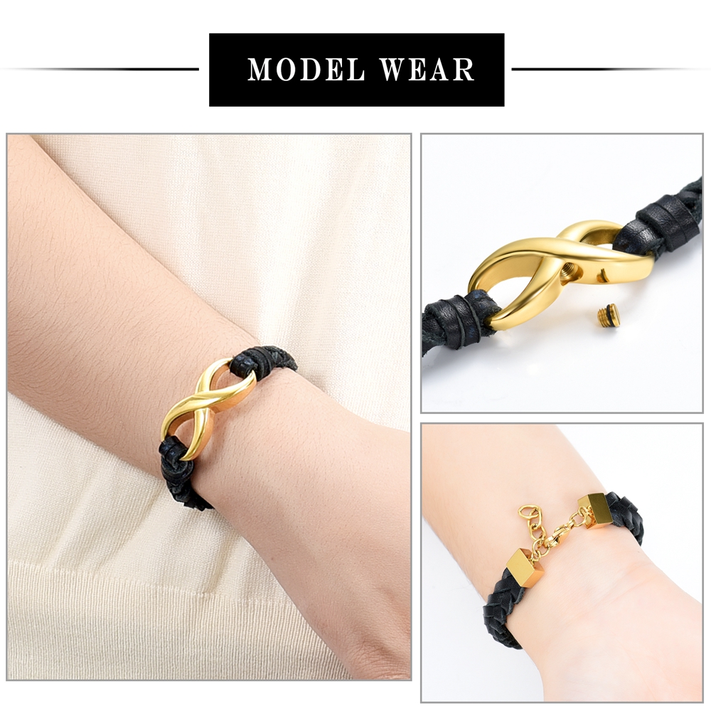 Custom Infinity Locket Cremation Ashe Jewellery Funeral Leather Braided Bracelet - Picture 9 of 25