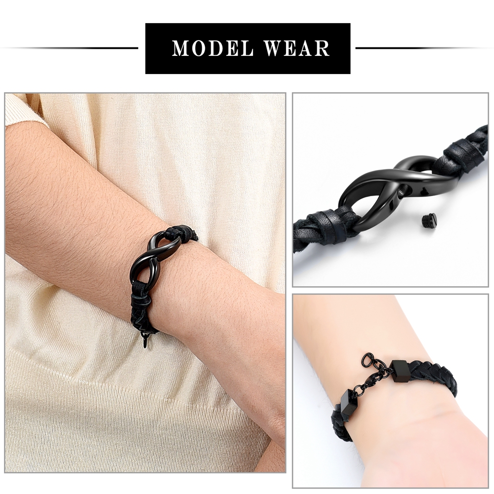 Custom Infinity Locket Cremation Ashe Jewellery Funeral Leather Braided Bracelet - Picture 15 of 25