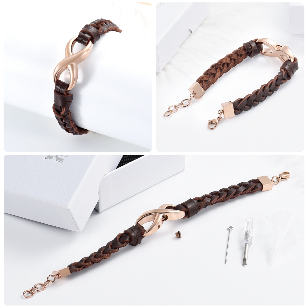 Custom Infinity Locket Cremation Ashe Jewellery Funeral Leather Braided Bracelet - Picture 19 of 25