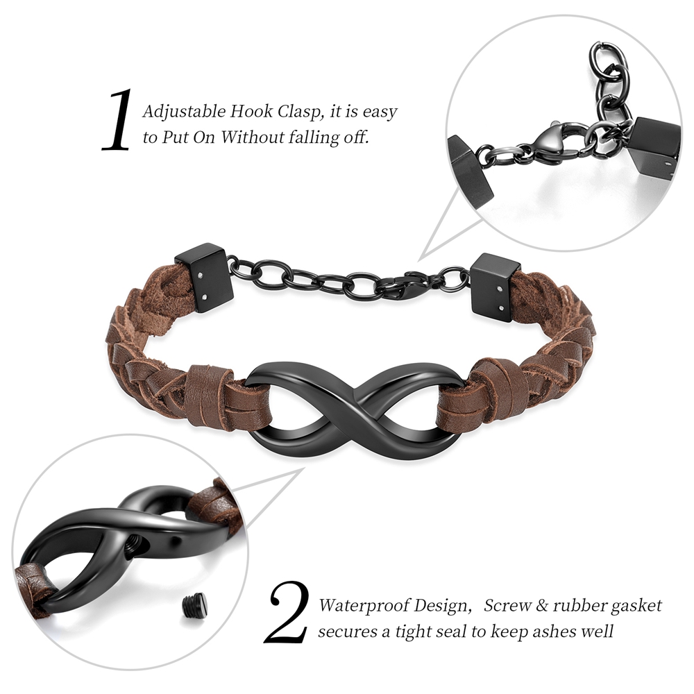 Custom Infinity Locket Cremation Ashe Jewellery Funeral Leather Braided Bracelet - Picture 23 of 25