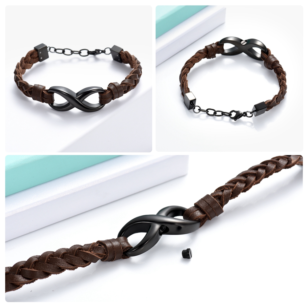 Custom Infinity Locket Cremation Ashe Jewellery Funeral Leather Braided Bracelet - Picture 22 of 25