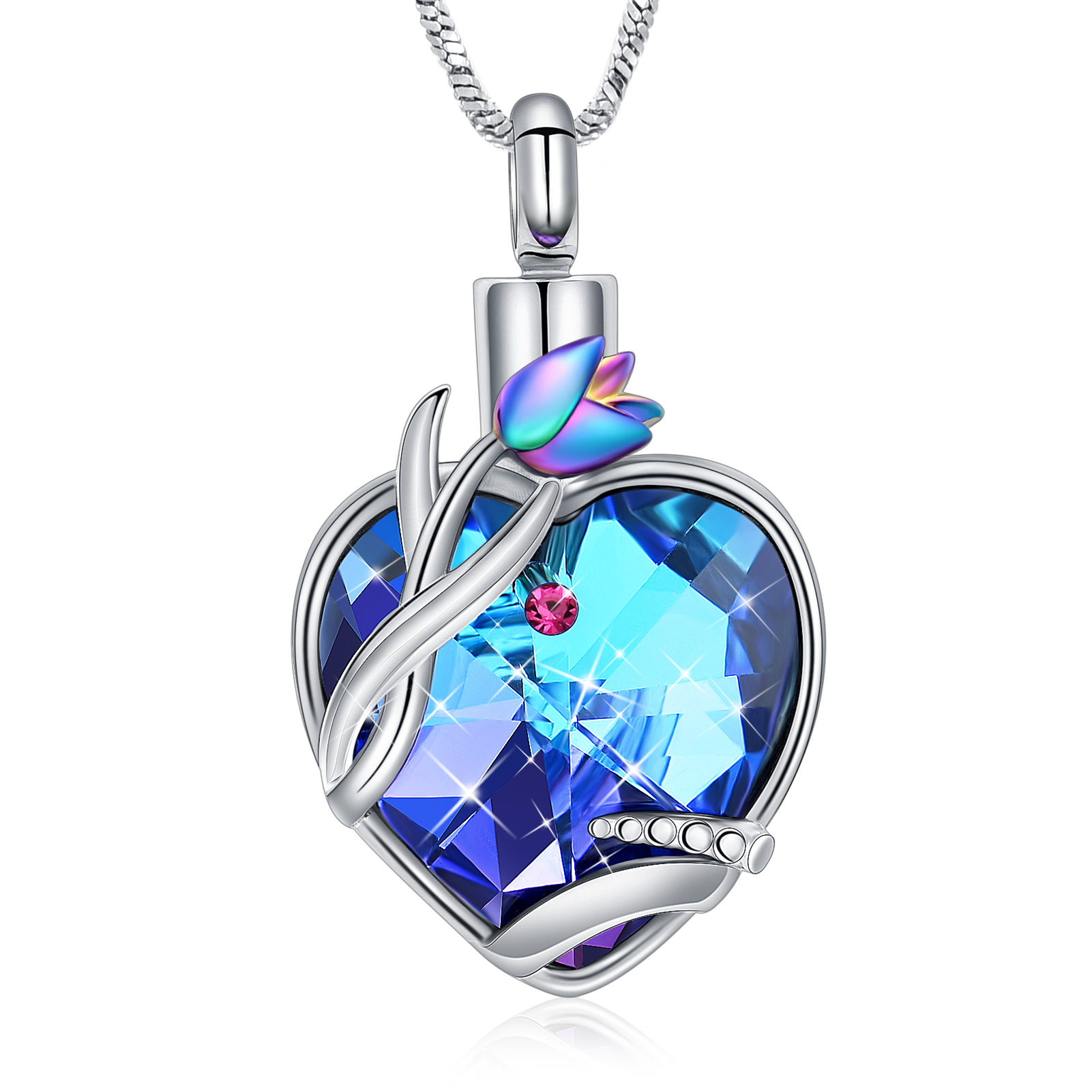 Rose Flower Crystal Heart Locket for Cremation Ashes Keepsake Urn Necklace Gift