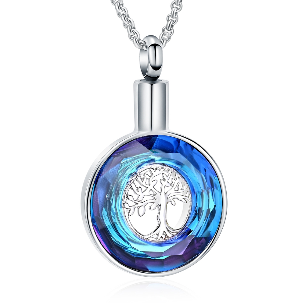 Tree of Life Urn Necklace for Men Women Circle Crystal Memorial Keepsake Jewelry