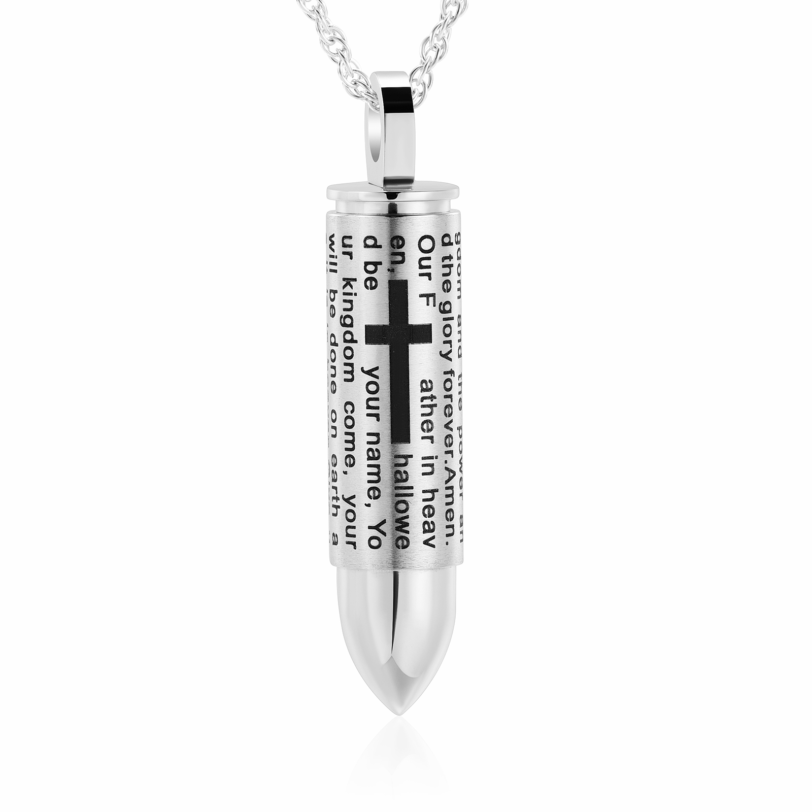 Stainless Steel Bullet Pendant Urn Necklace Cross Lords Prayer Ash Urn Necklace