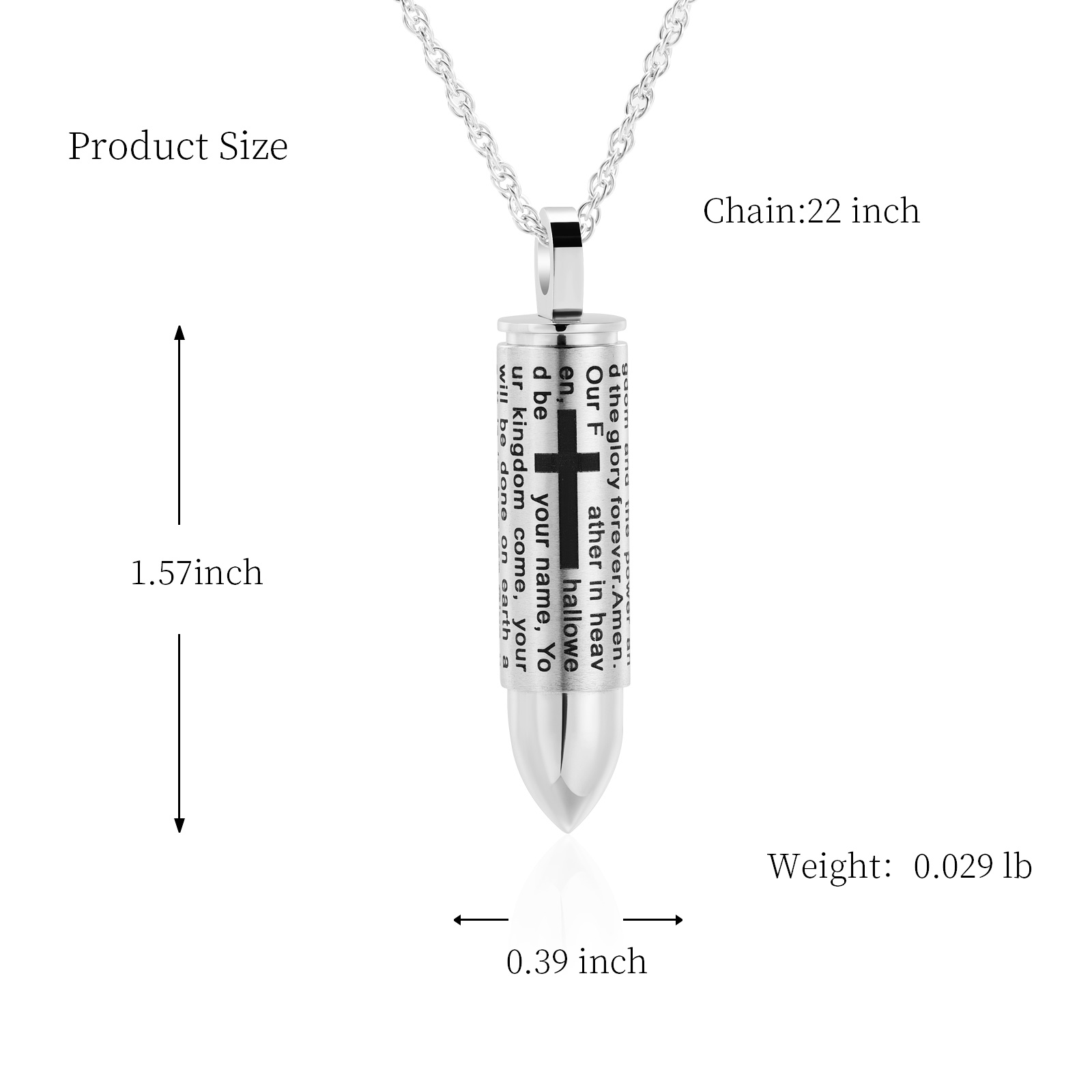 Stainless Steel Bullet Pendant Urn Necklace Cross Lords Prayer Ash Urn Necklace