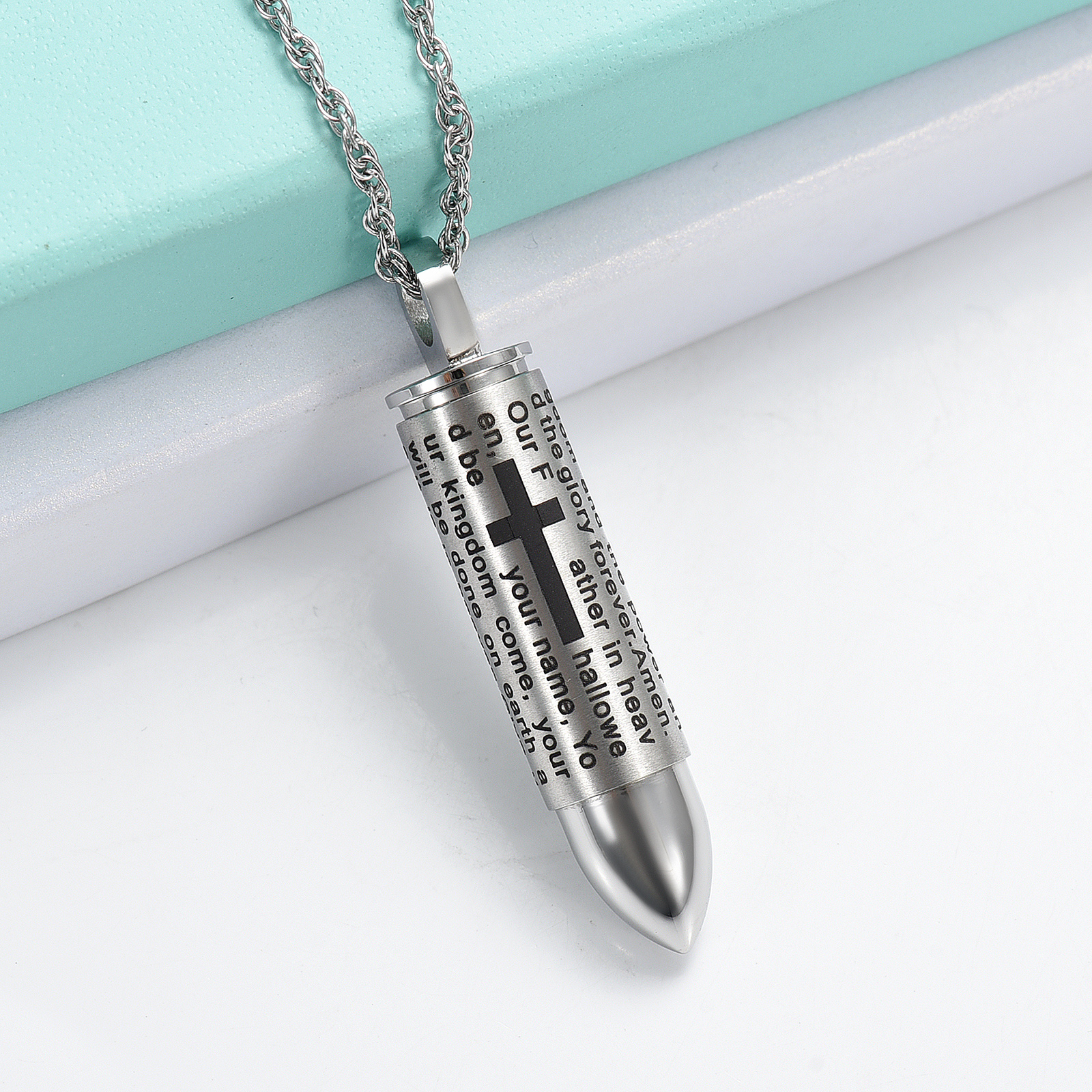 Stainless Steel Bullet Pendant Urn Necklace Cross Lords Prayer Ash Urn Necklace