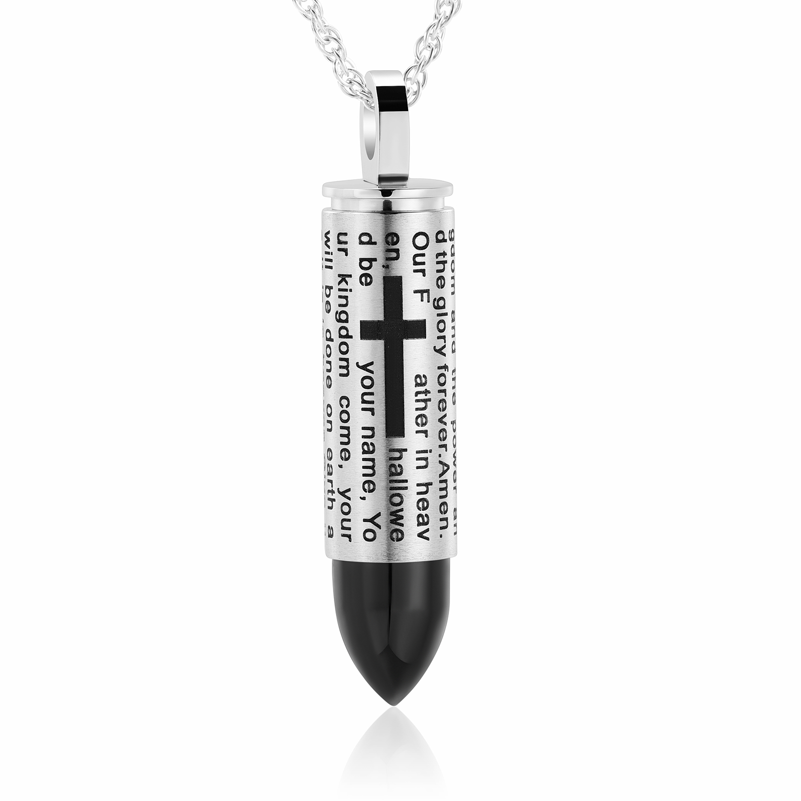 Stainless Steel Bullet Pendant Urn Necklace Cross Lords Prayer Ash Urn Necklace