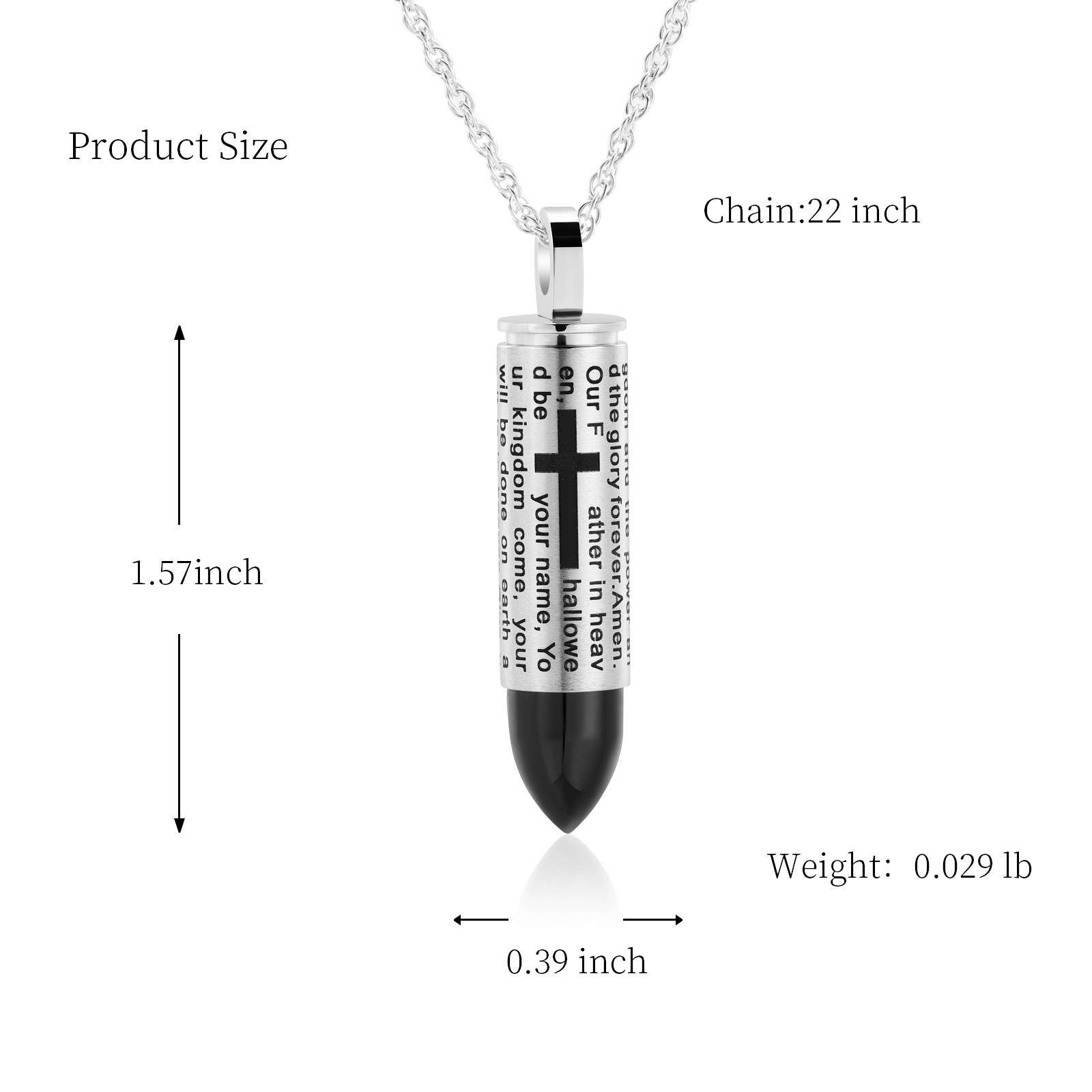 Stainless Steel Bullet Pendant Urn Necklace Cross Lords Prayer Ash Urn Necklace