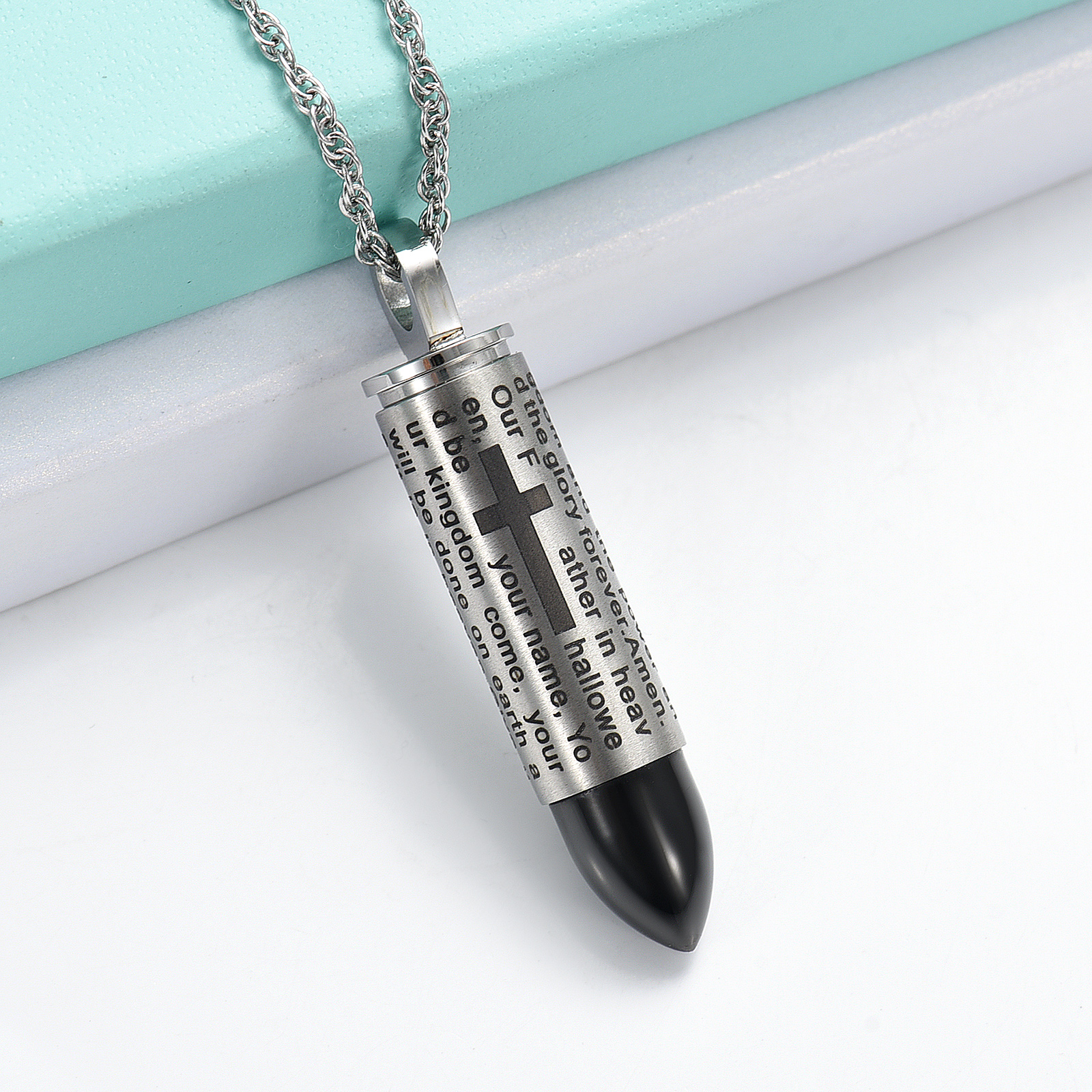 Stainless Steel Bullet Pendant Urn Necklace Cross Lords Prayer Ash Urn Necklace