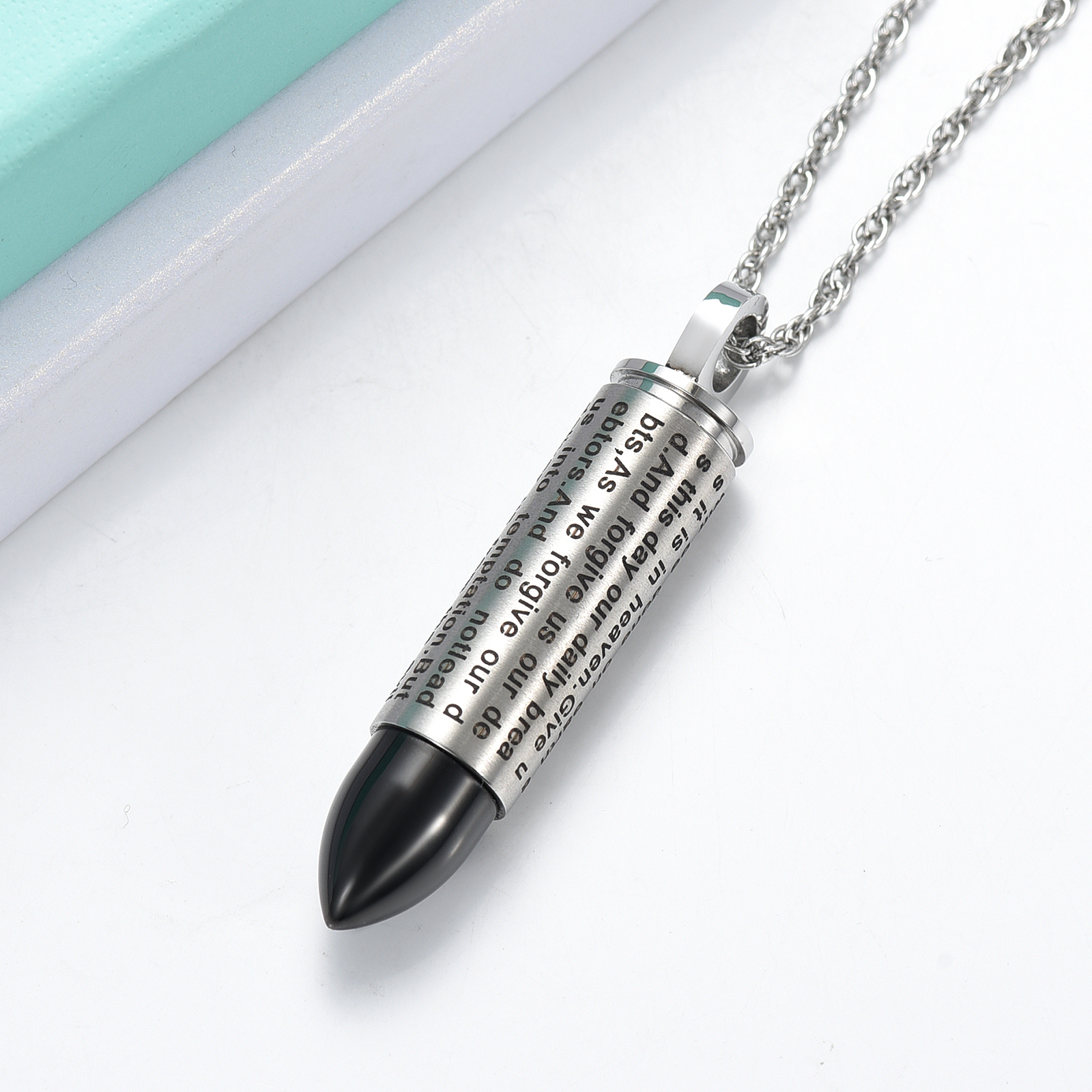 Stainless Steel Bullet Pendant Urn Necklace Cross Lords Prayer Ash Urn Necklace