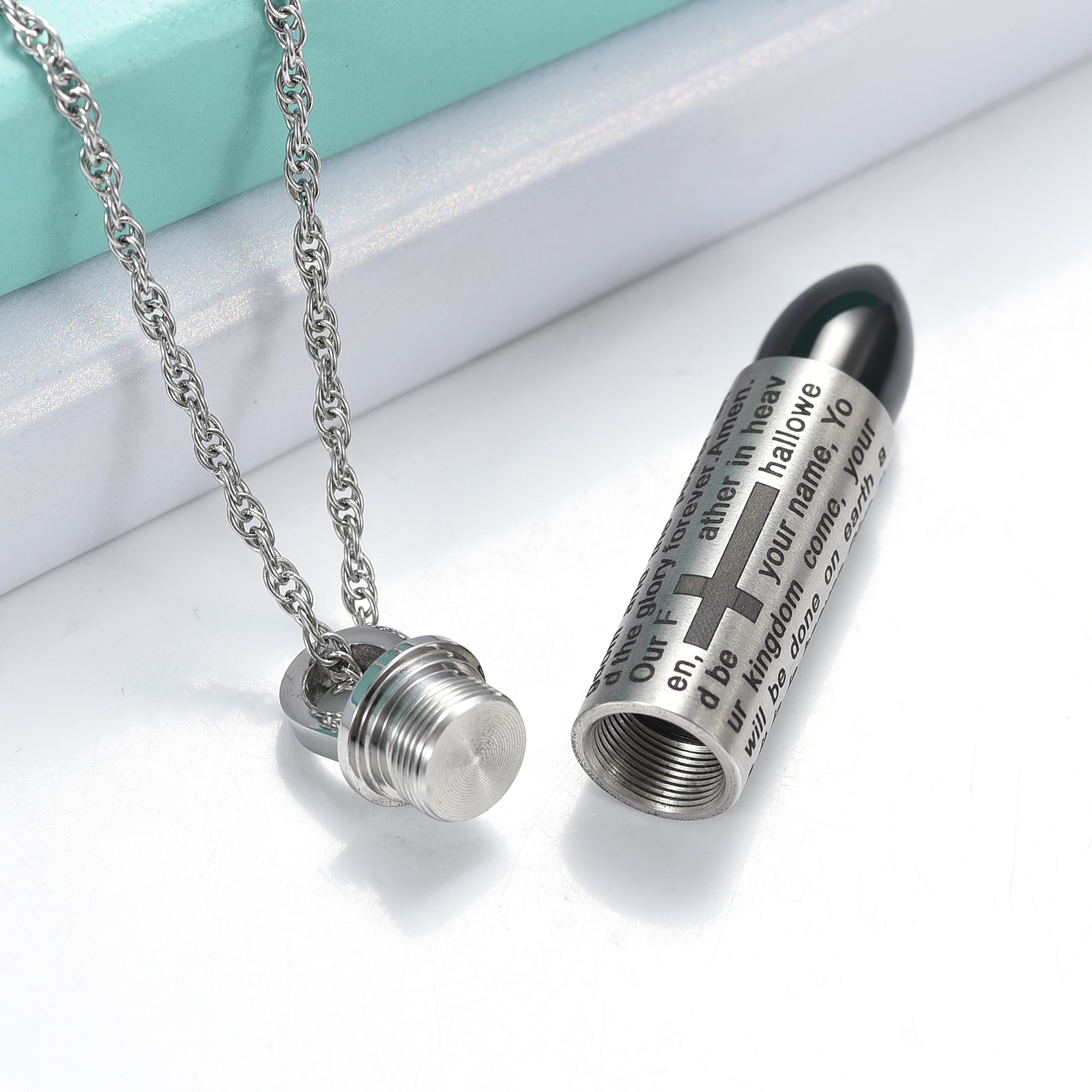 Stainless Steel Bullet Pendant Urn Necklace Cross Lords Prayer Ash Urn Necklace