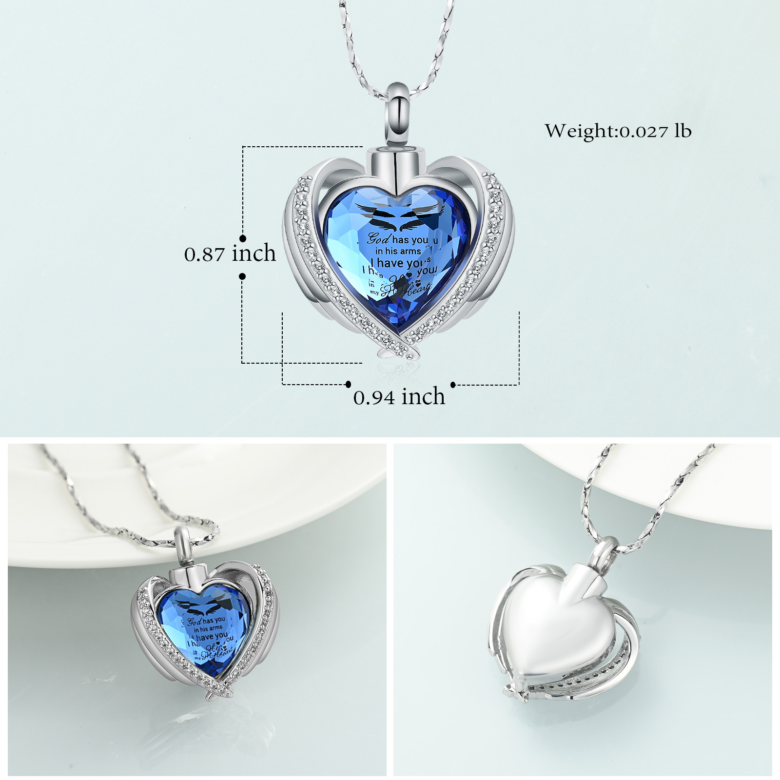 Angel Wings Cremation Jewelry for Ashes Pendant - Crystal Heart Ash Urn Necklace - Picture 25 of 50