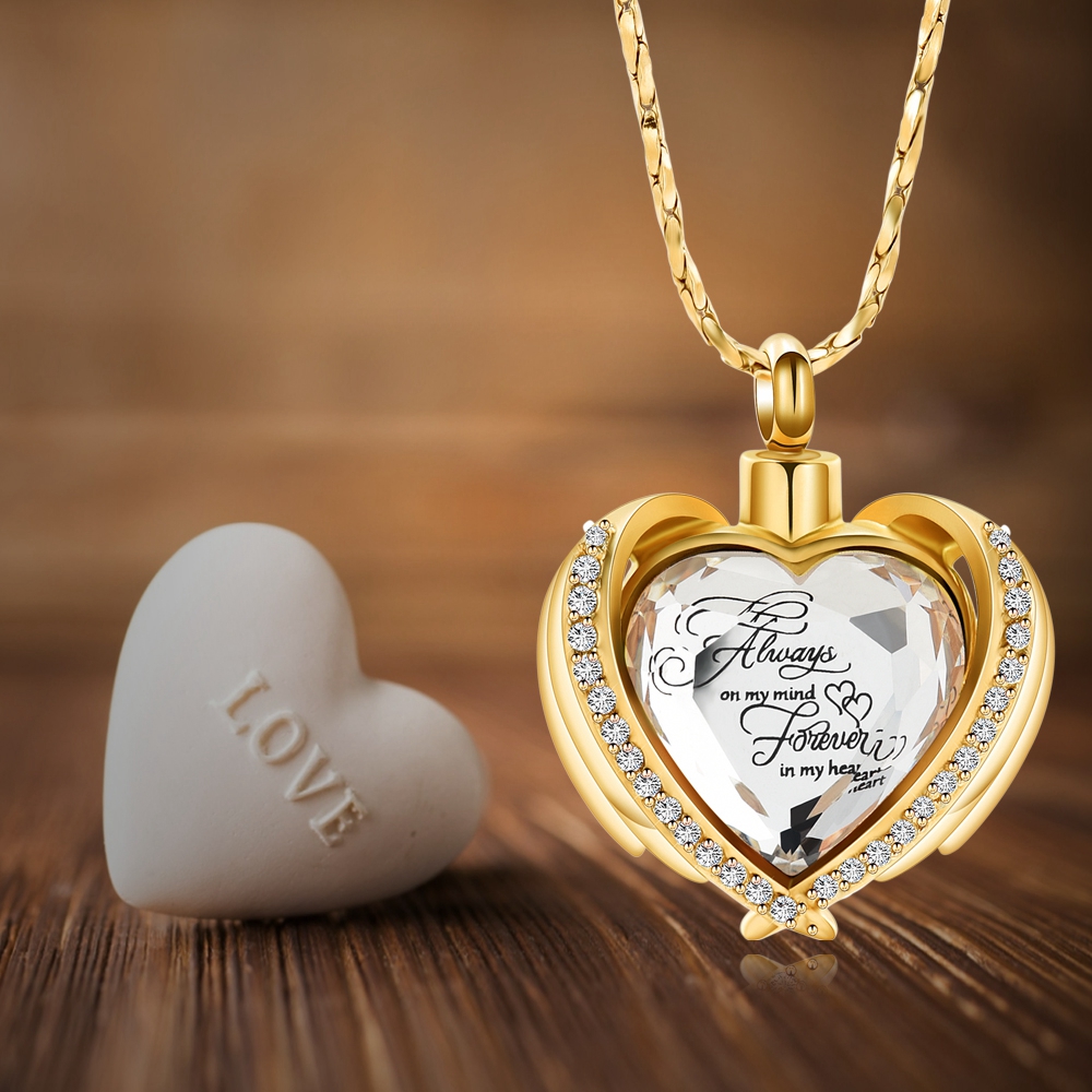 Angel Wings Cremation Jewelry for Ashes Pendant - Crystal Heart Ash Urn Necklace - Picture 46 of 50