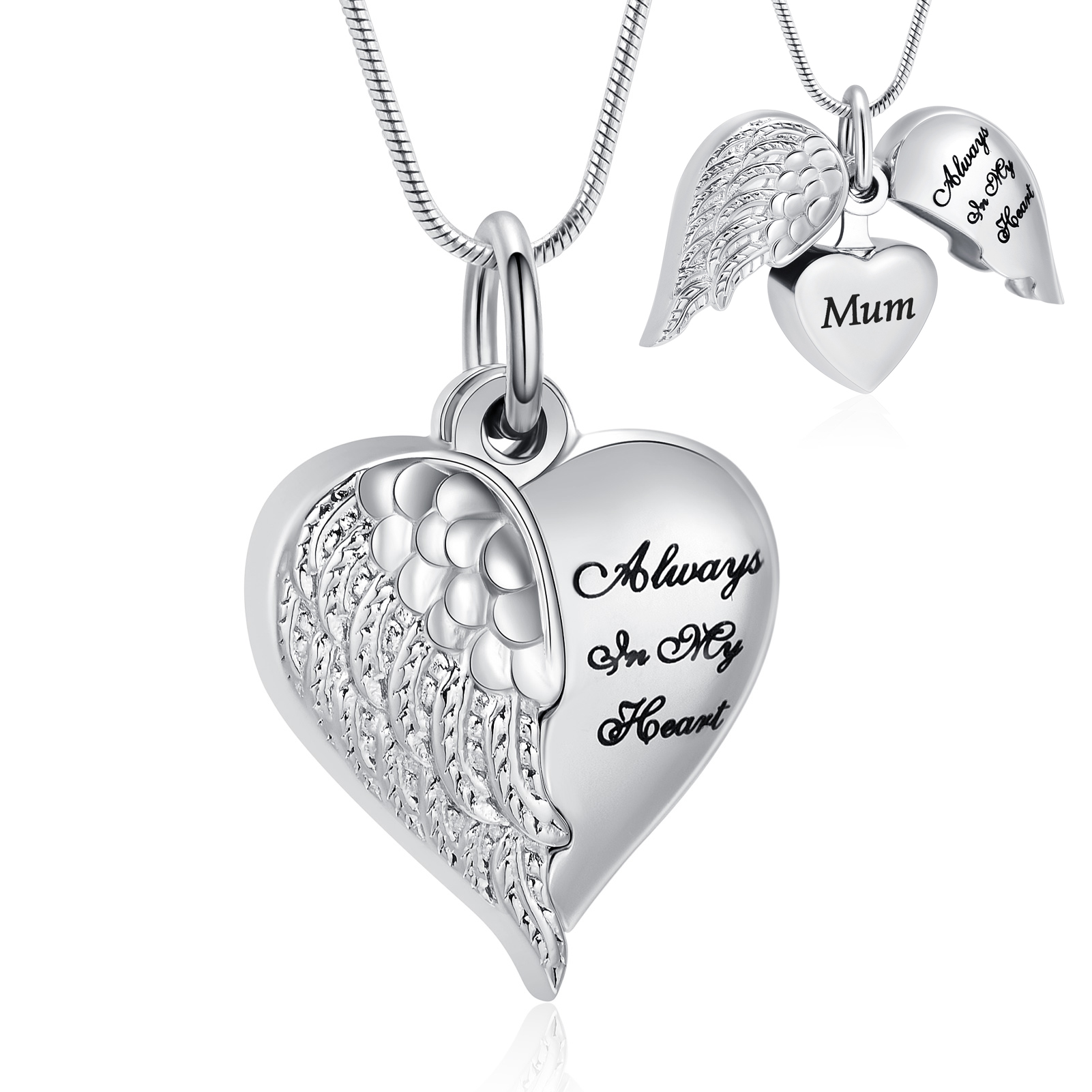 Angel Wing Heart Urn Necklace for Ashes Memorial Keepsake Pendant for Mum / Dad - Picture 12 of 39