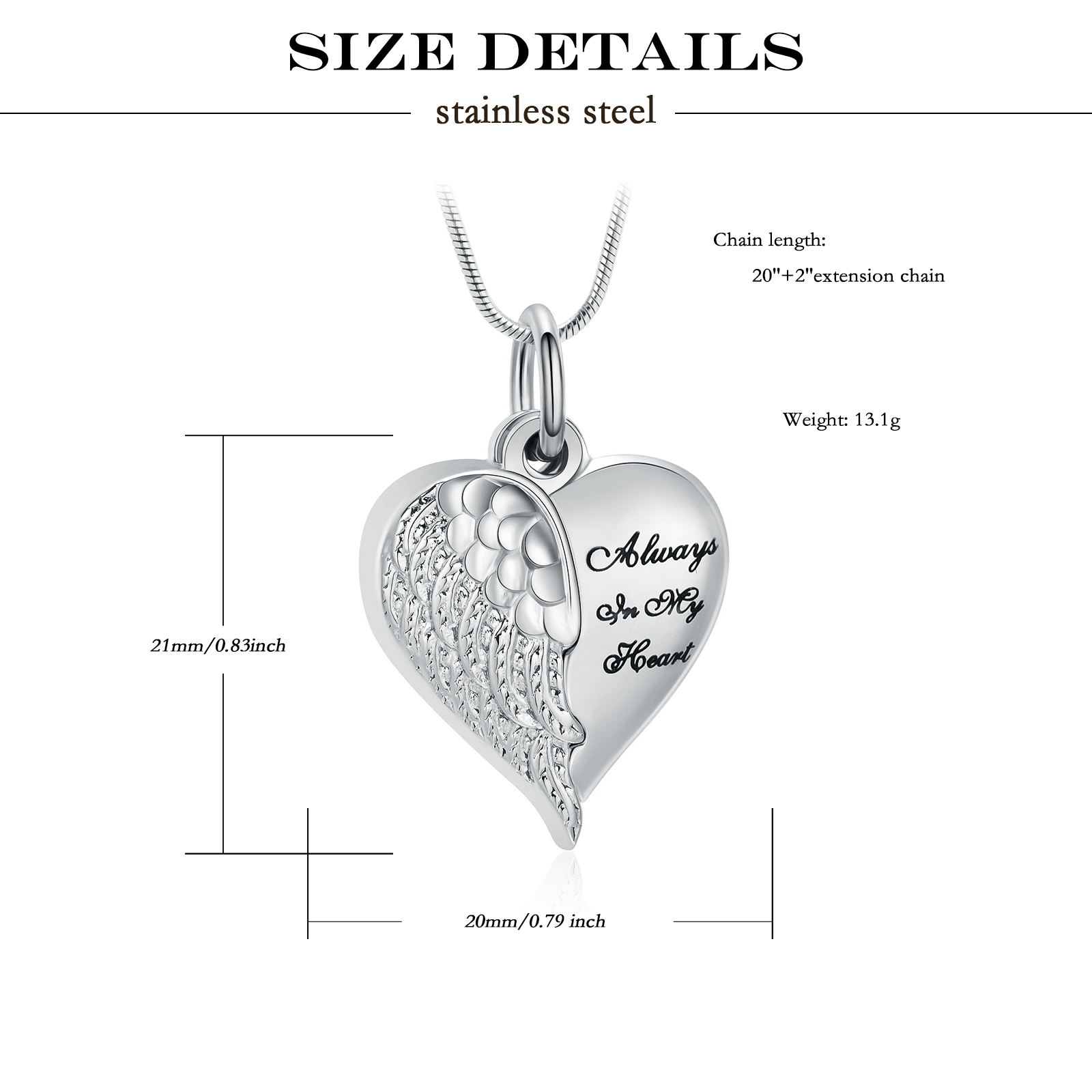 Angel Wing Heart Urn Necklace for Ashes Memorial Keepsake Pendant for Mum / Dad - Picture 14 of 39