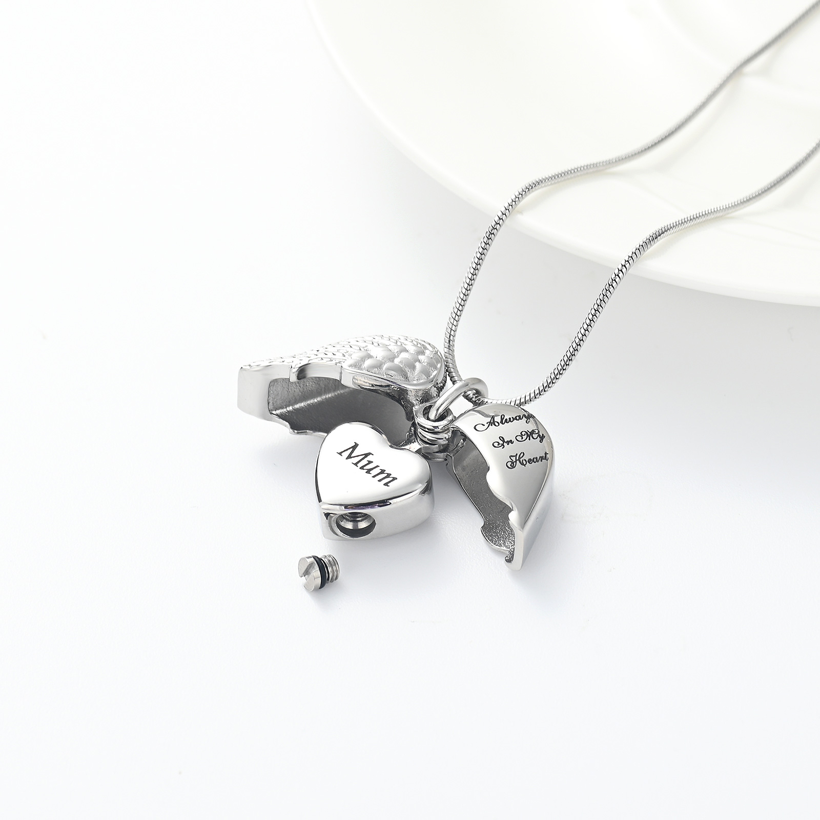 Angel Wing Heart Urn Necklace for Ashes Memorial Keepsake Pendant for Mum / Dad - Picture 16 of 39