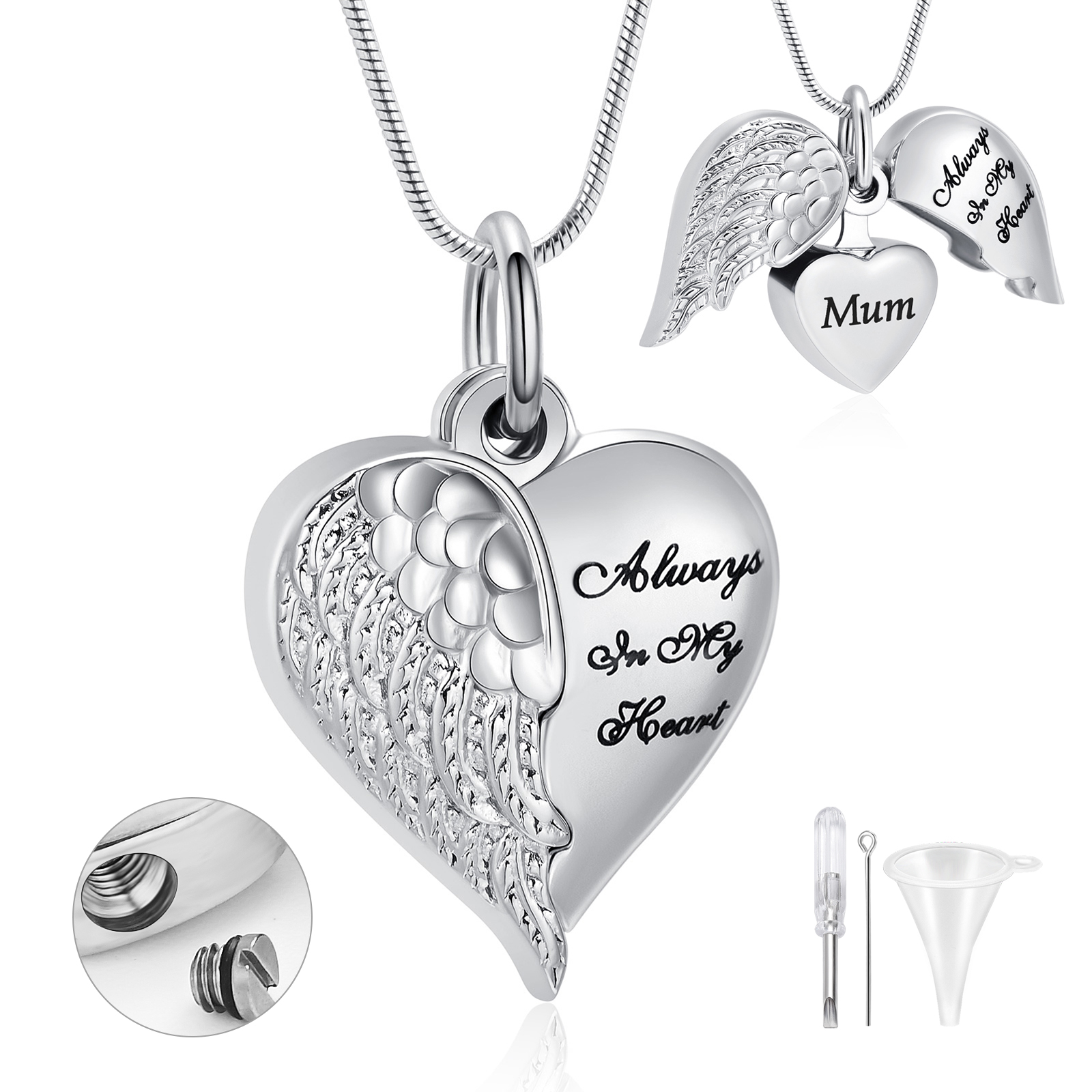 Angel Wing Heart Urn Necklace for Ashes Memorial Keepsake Pendant for Mum / Dad - Picture 18 of 39