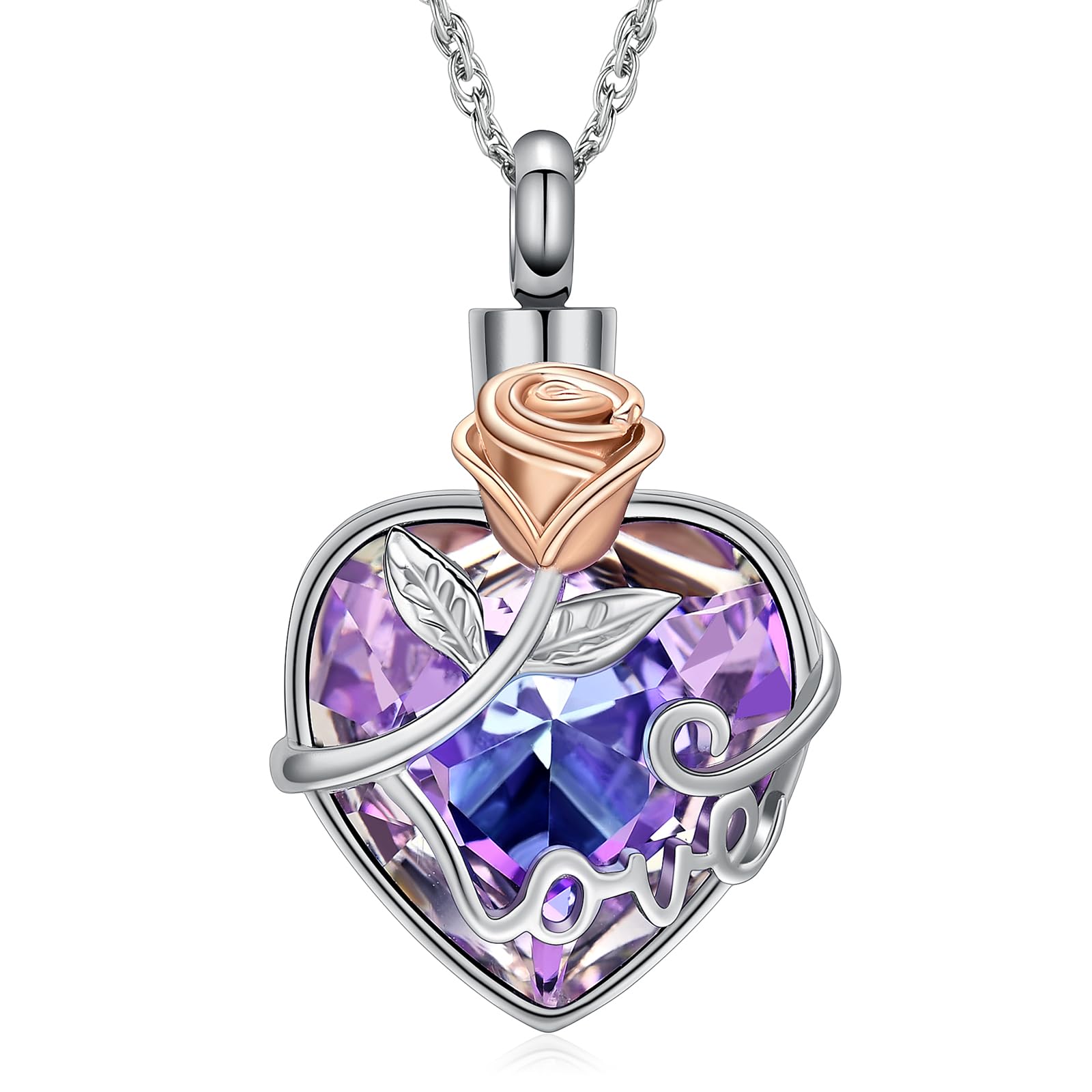 Rose Flower Cremation Urn Necklace for Ashes Heart Crystal Memorial Urn Pendant