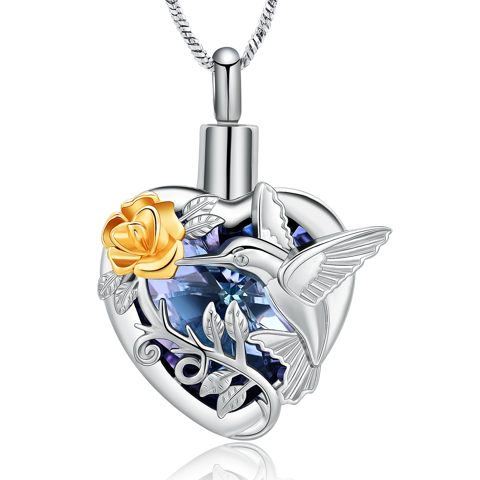 Hummingbird Rose Flower Crystal Heart Urn Pendant Necklace for Cremation Ashes