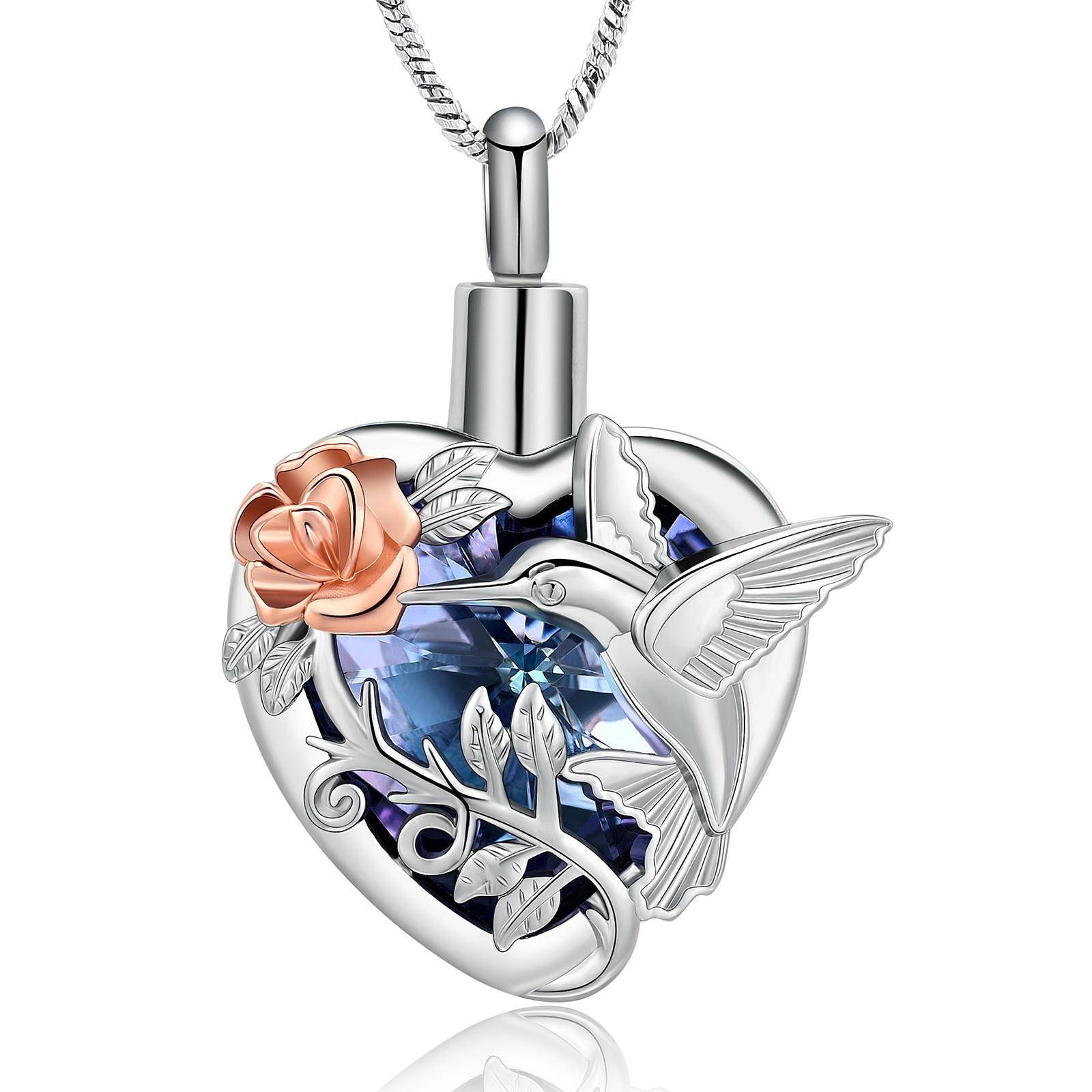 Hummingbird Rose Flower Crystal Heart Urn Pendant Necklace for Cremation Ashes