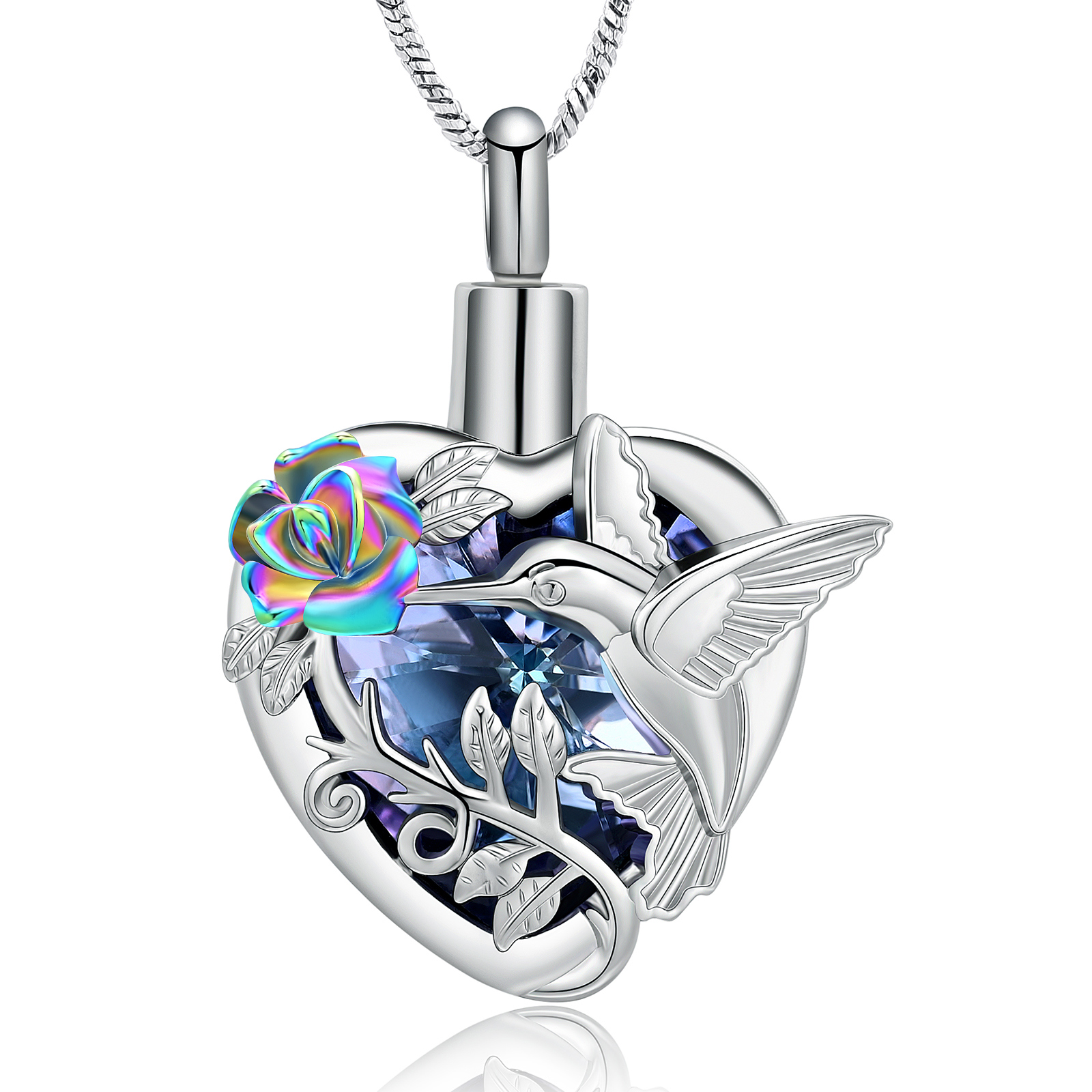 Hummingbird Rose Flower Crystal Heart Urn Pendant Necklace for Cremation Ashes