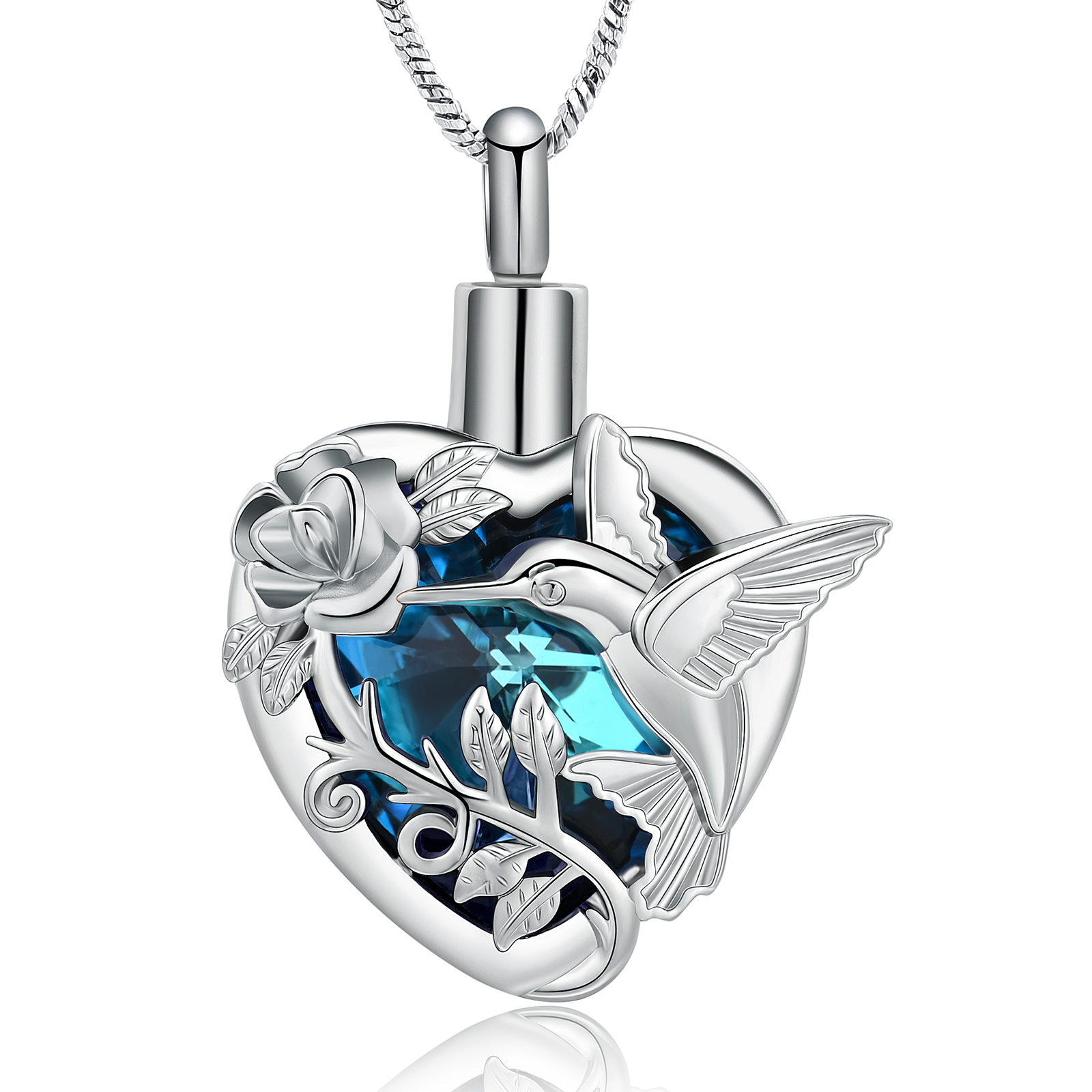 Hummingbird Rose Flower Crystal Heart Urn Pendant Necklace for Cremation Ashes