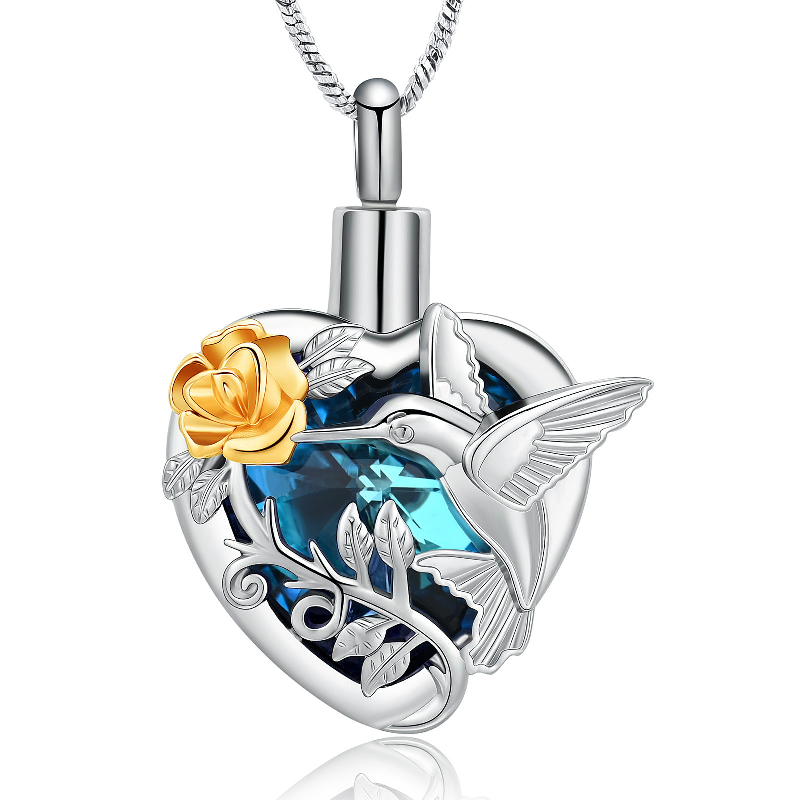 Hummingbird Rose Flower Crystal Heart Urn Pendant Necklace for Cremation Ashes