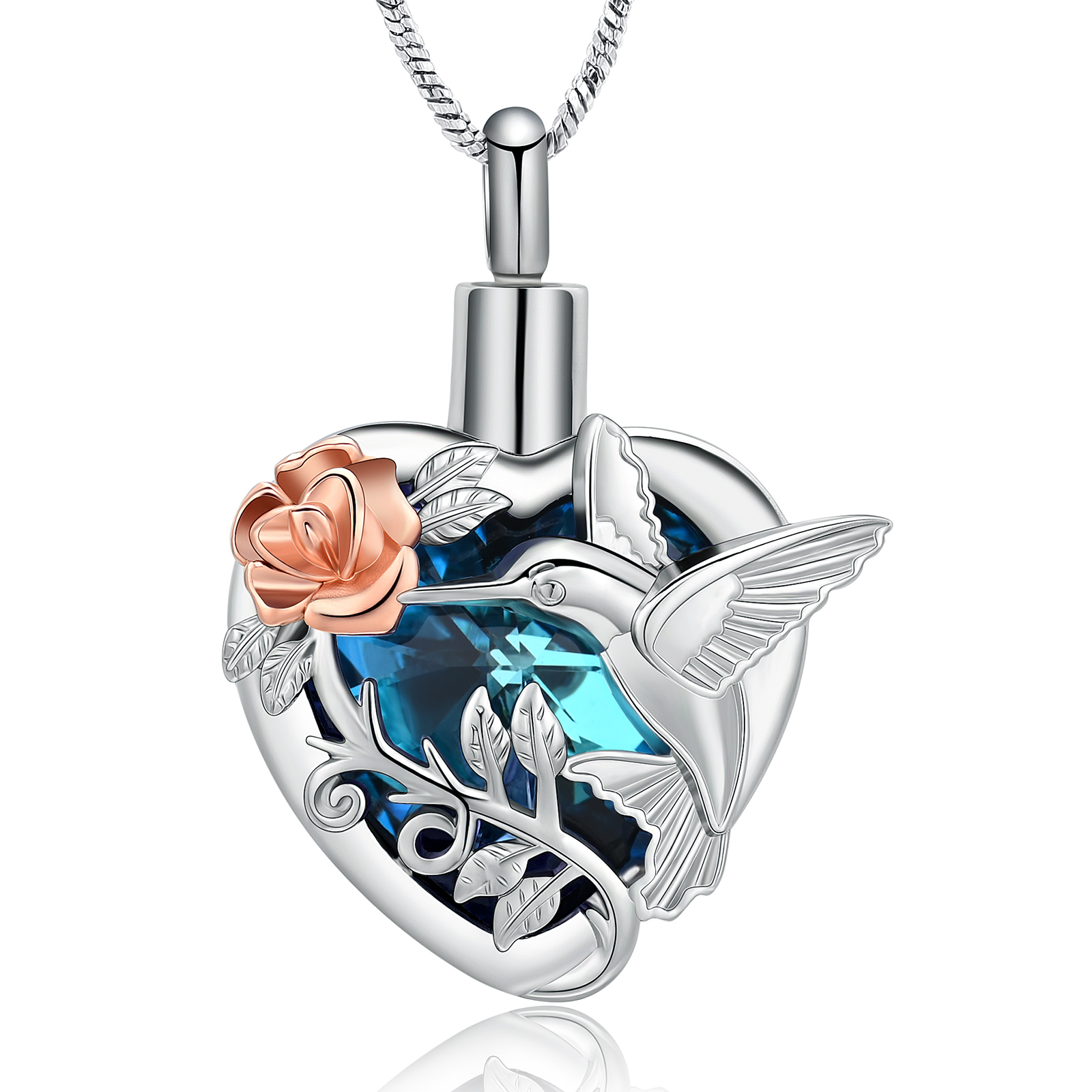 Hummingbird Rose Flower Crystal Heart Urn Pendant Necklace for Cremation Ashes