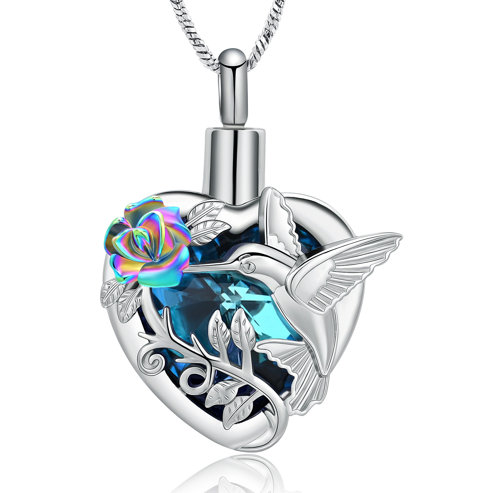 Hummingbird Rose Flower Crystal Heart Urn Pendant Necklace for Cremation Ashes