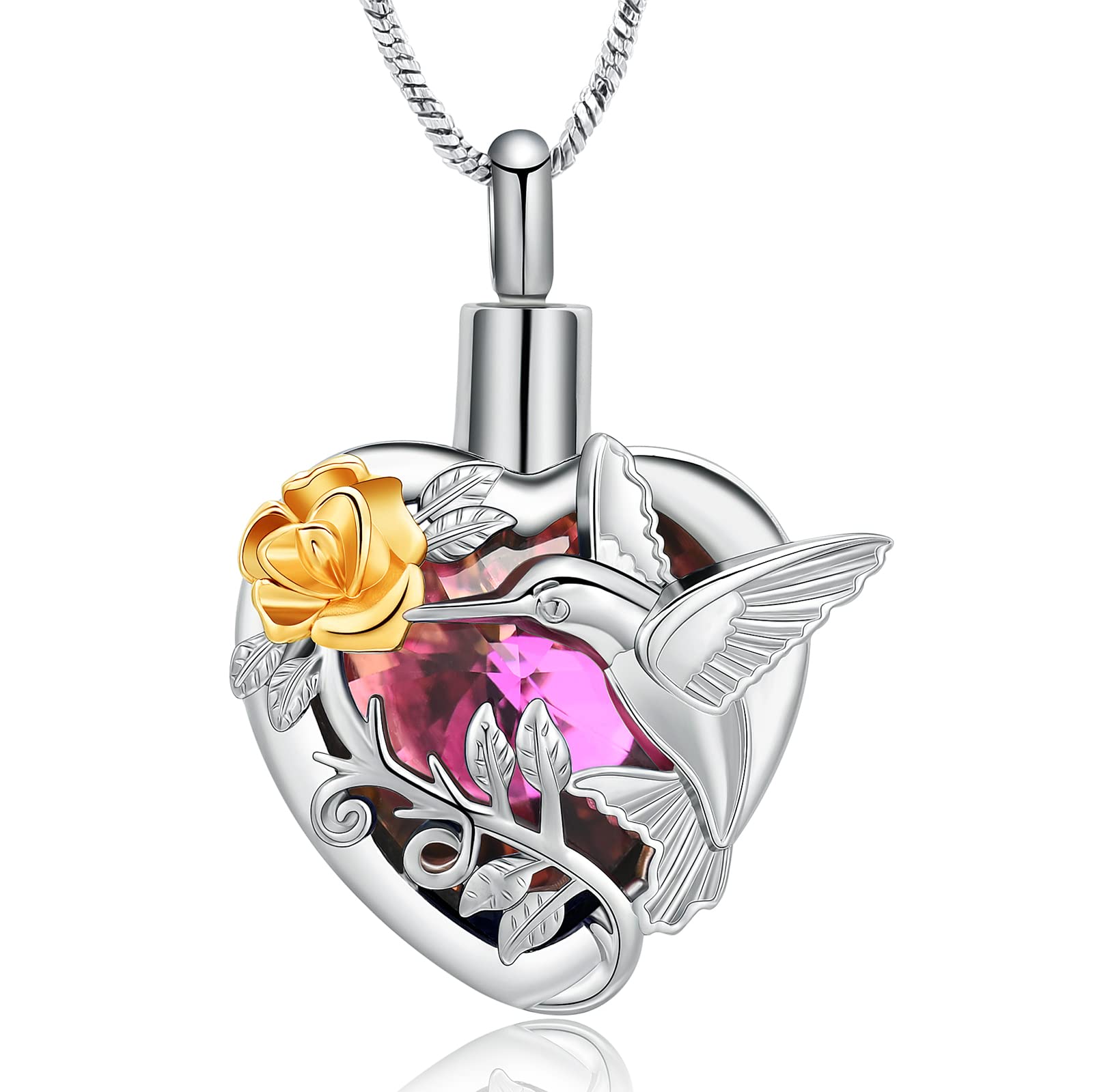 Hummingbird Rose Flower Crystal Heart Urn Pendant Necklace for Cremation Ashes