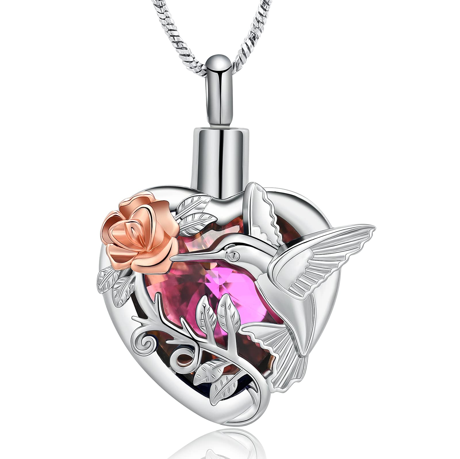 Hummingbird Rose Flower Crystal Heart Urn Pendant Necklace for Cremation Ashes