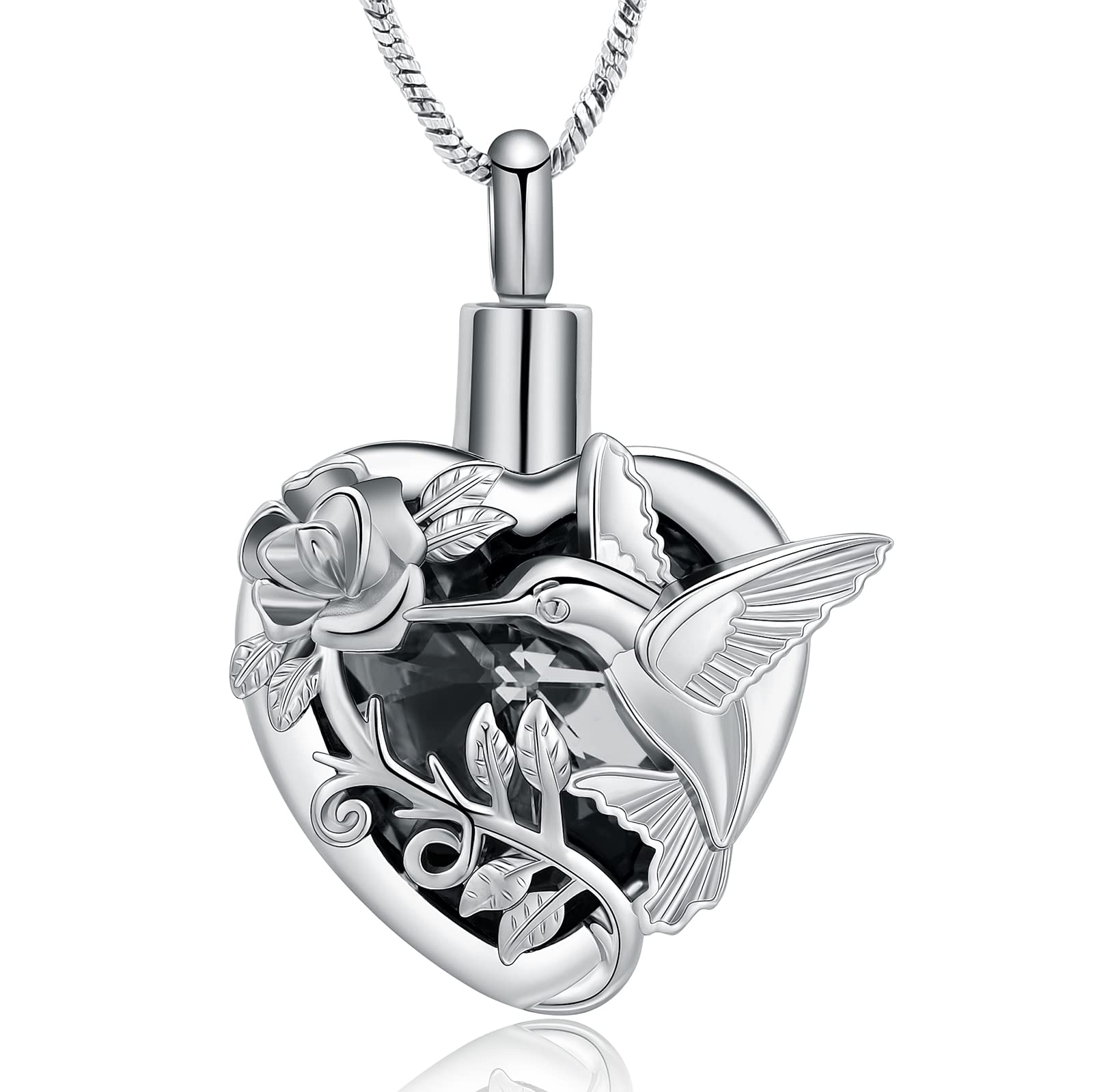 Hummingbird Rose Flower Crystal Heart Urn Pendant Necklace for Cremation Ashes