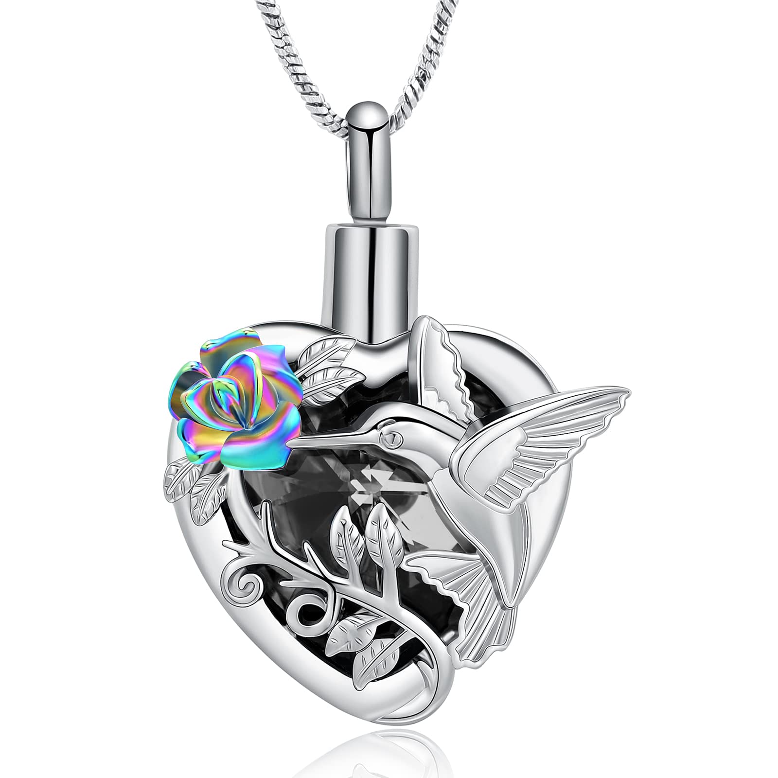 Hummingbird Rose Flower Crystal Heart Urn Pendant Necklace for Cremation Ashes