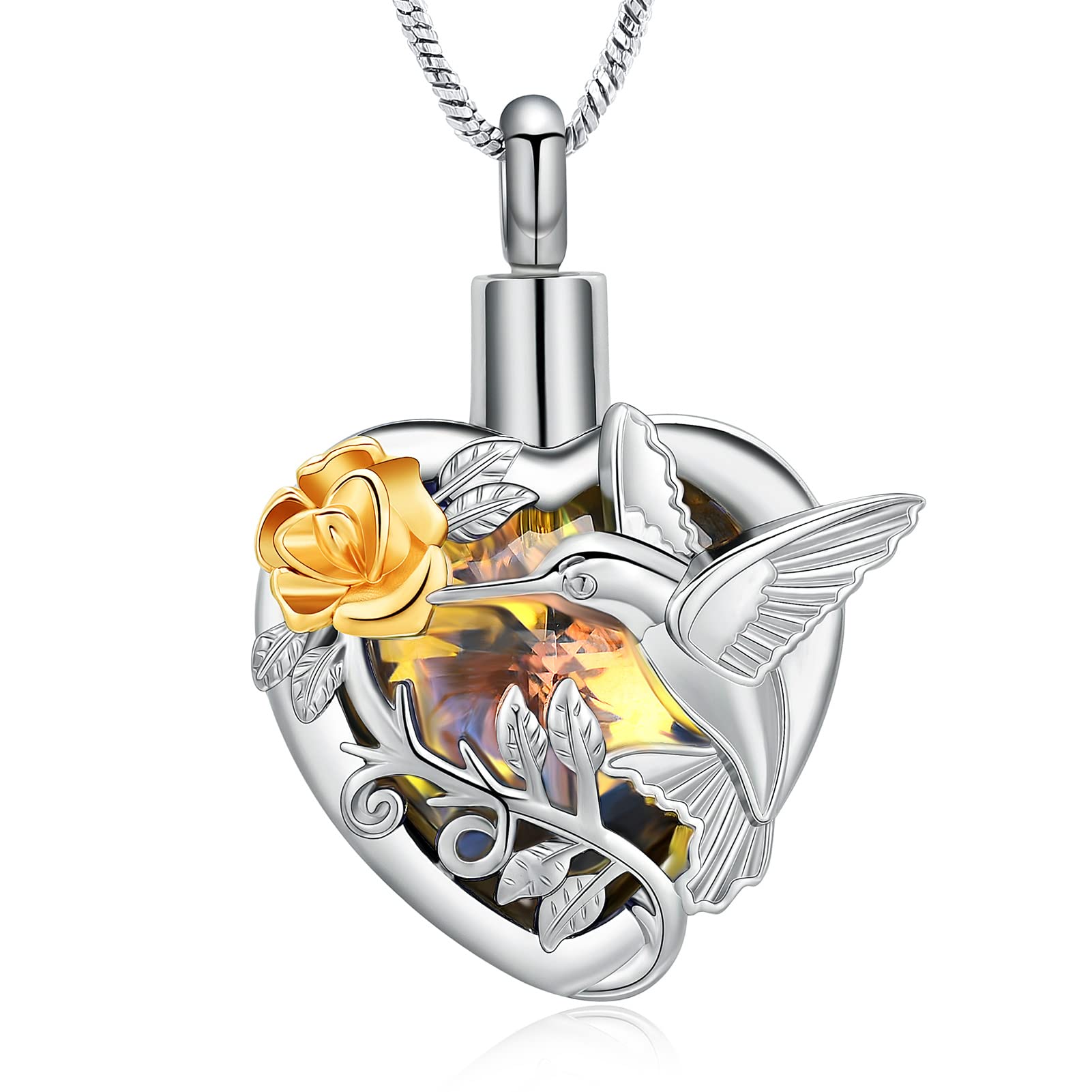 Hummingbird Rose Flower Crystal Heart Urn Pendant Necklace for Cremation Ashes