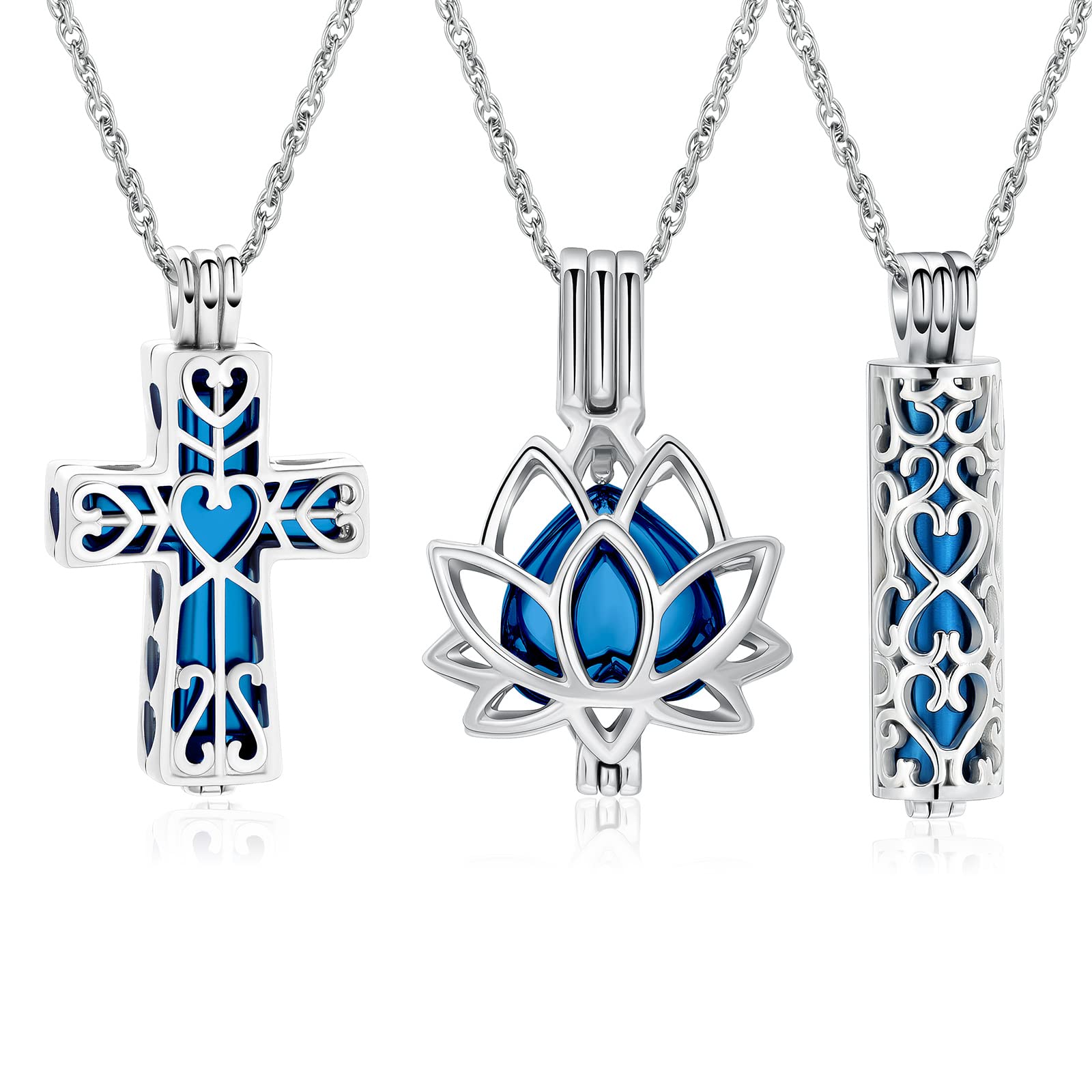 3PCS Pack Cross / Lotus with Heart / Cylinder Memorial Necklace For Ashe Holder
