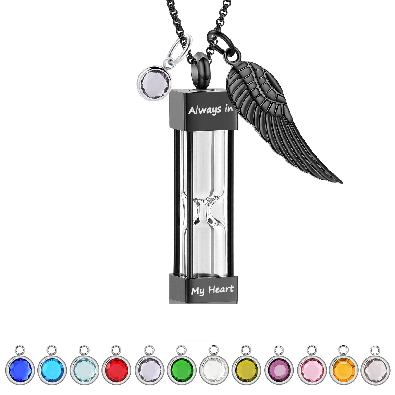 12 Birthstone Hourglass Urn Pendant Necklace Ashes Liquid Hair Memorial Jewelry