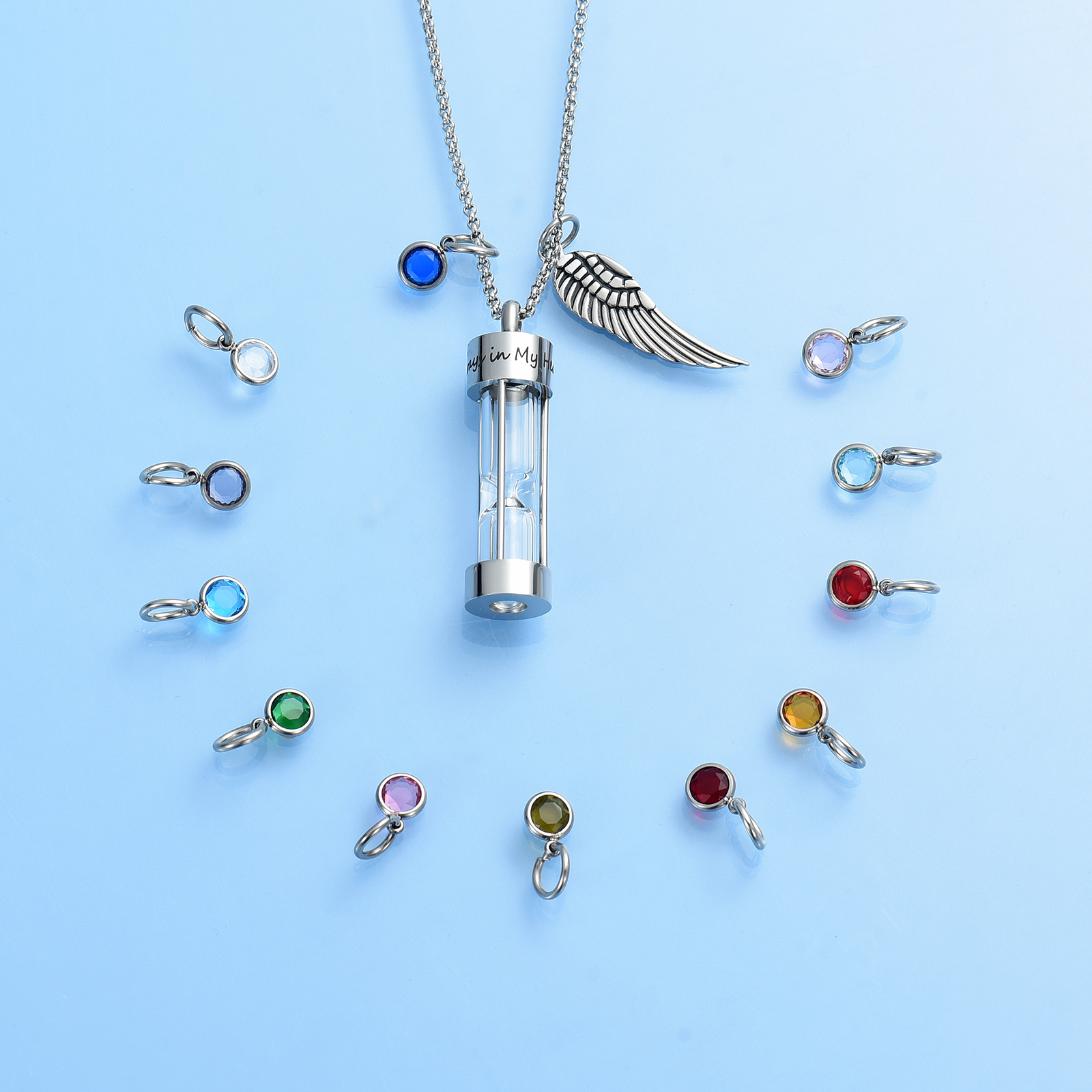 12 Color Birthstone Hourglass with Angel Wing Necklace for Cremation Ashes Sand