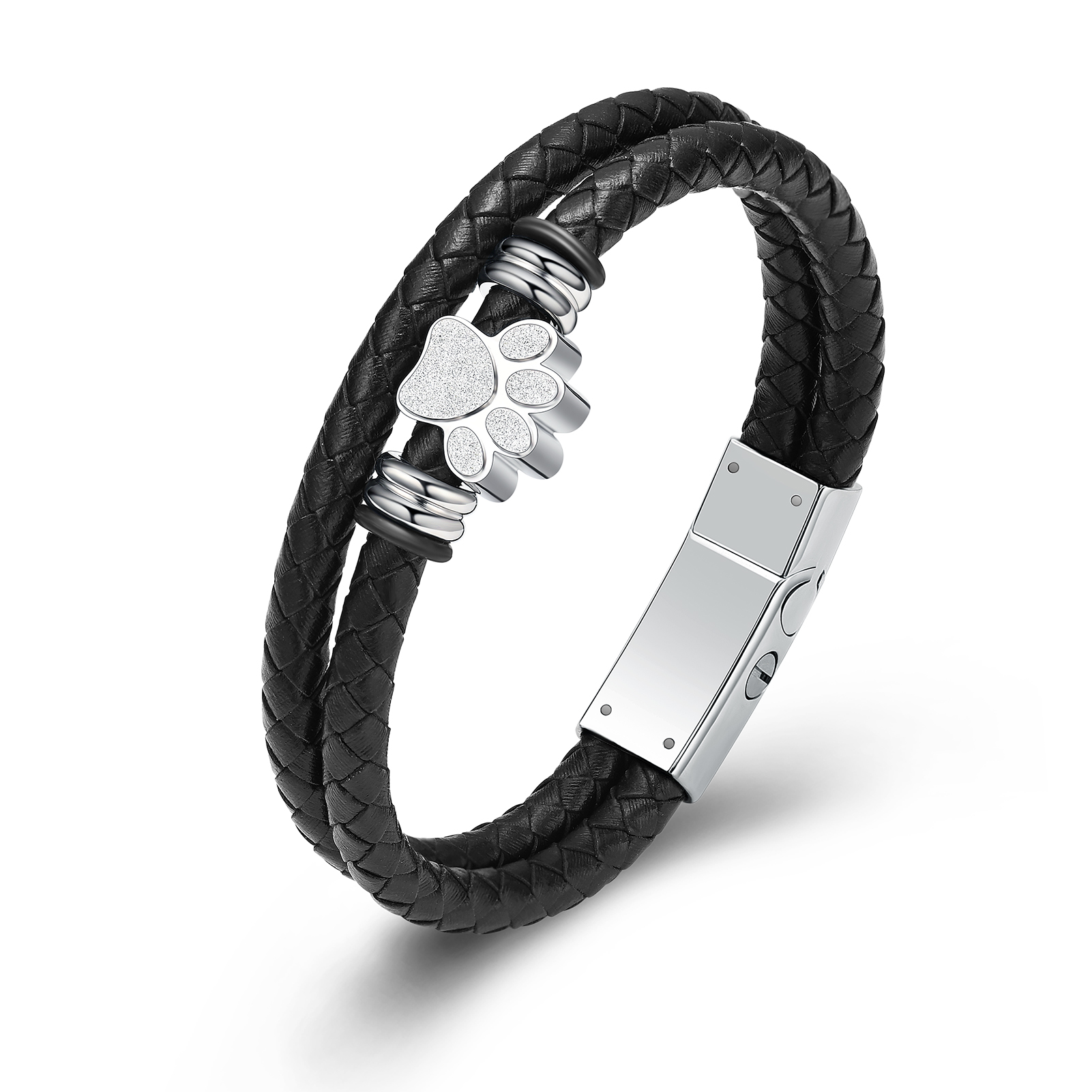 Paw Print Locket Double Layer Funeral Braided Leather Bracelet Cremation Ashes - Picture 3 of 5